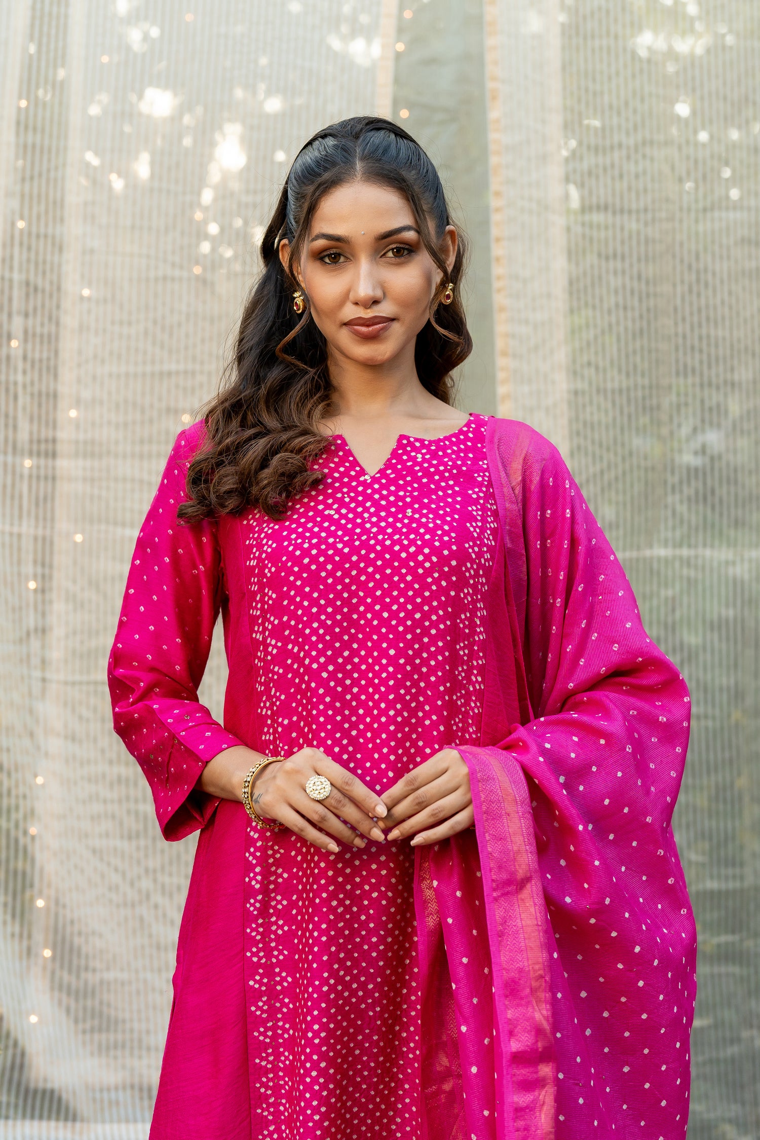 Ray Ethnic Ira | Bright Pink Muga Silk Bandhej Kurta Set of 3 with Badla Work & Matching Dupatta