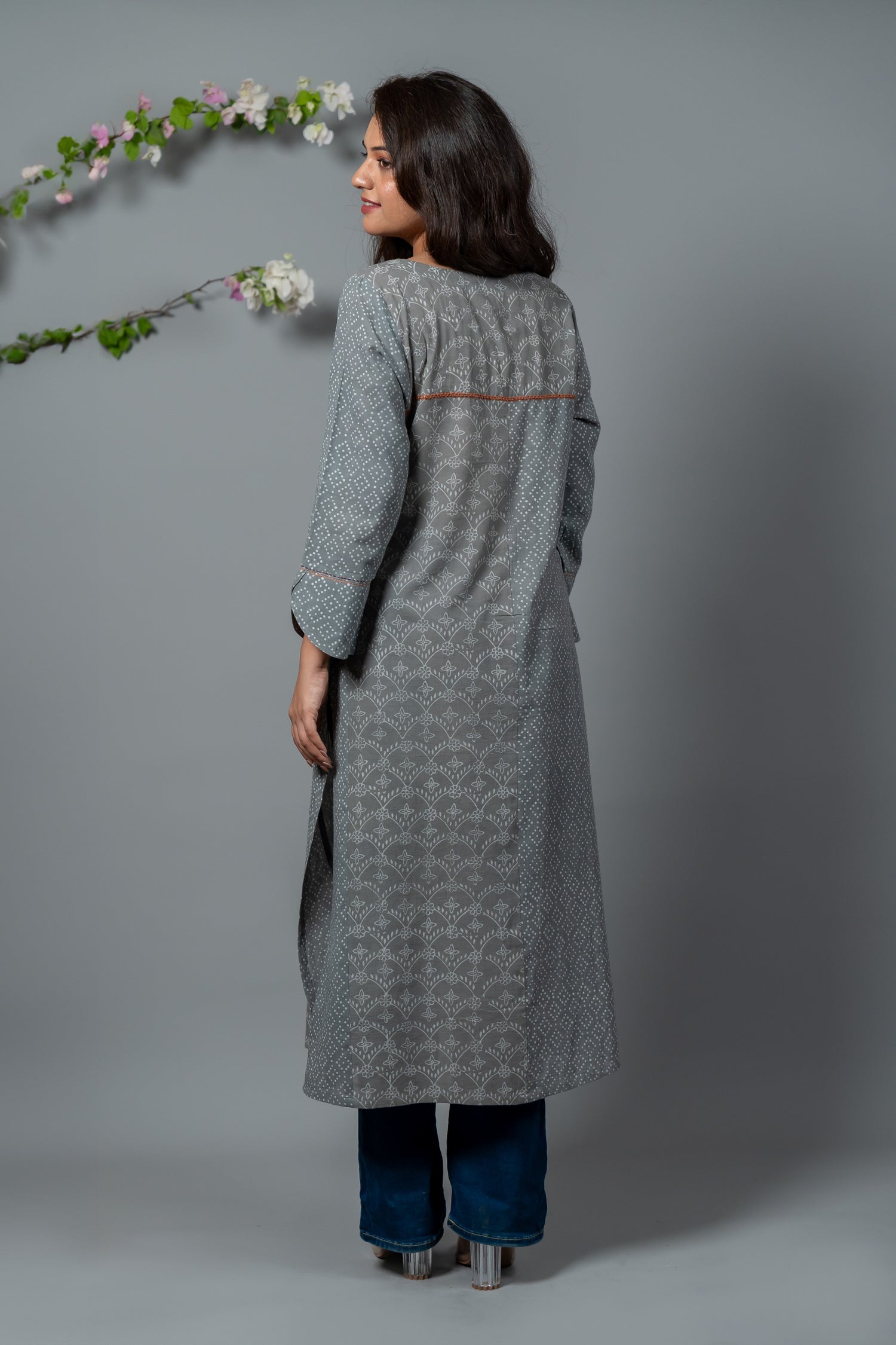 Parat Slate Grey Block Print Mul Cotton Kurta