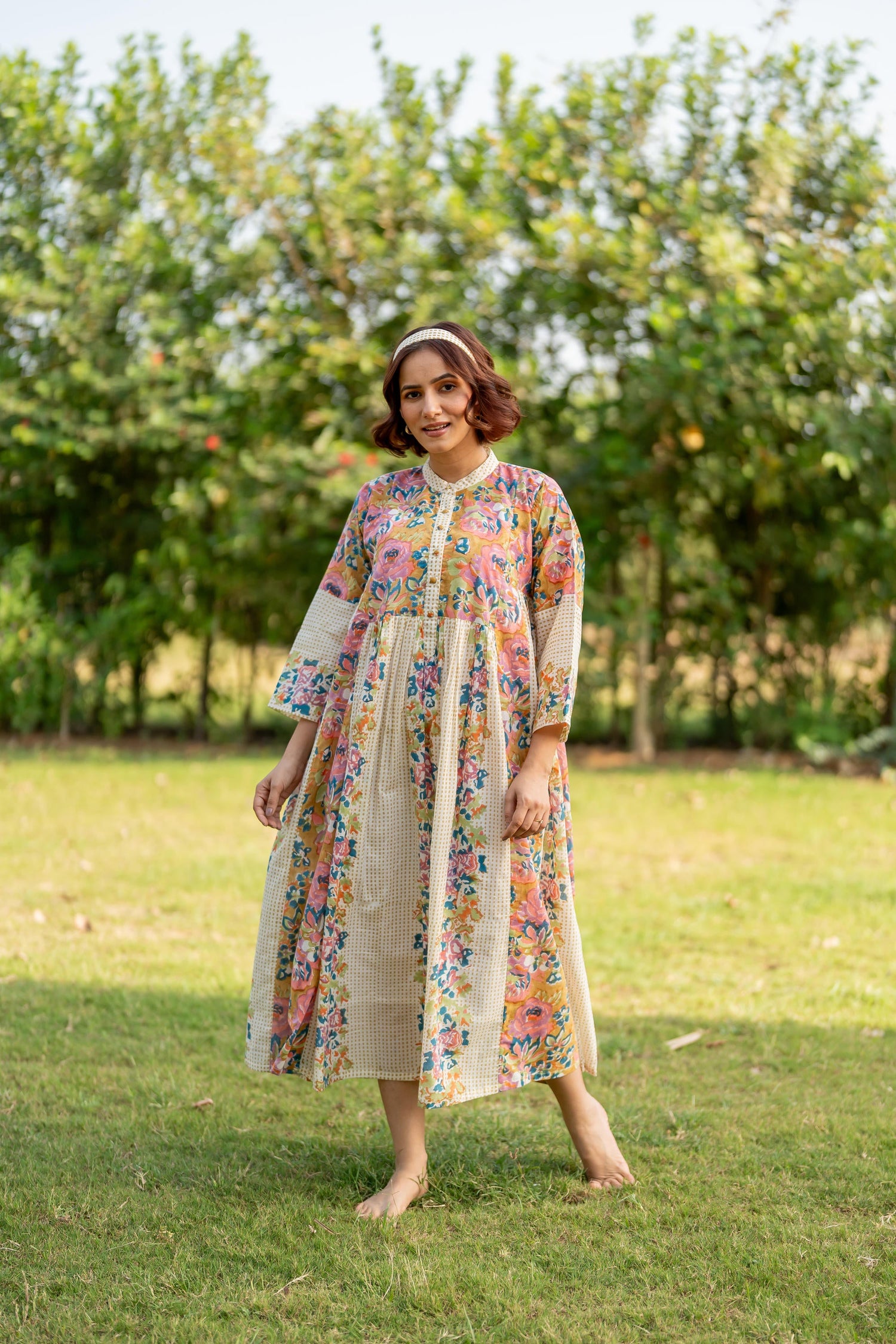 Gul Olive Green Block Print Cotton Dress | Ray-ethnic