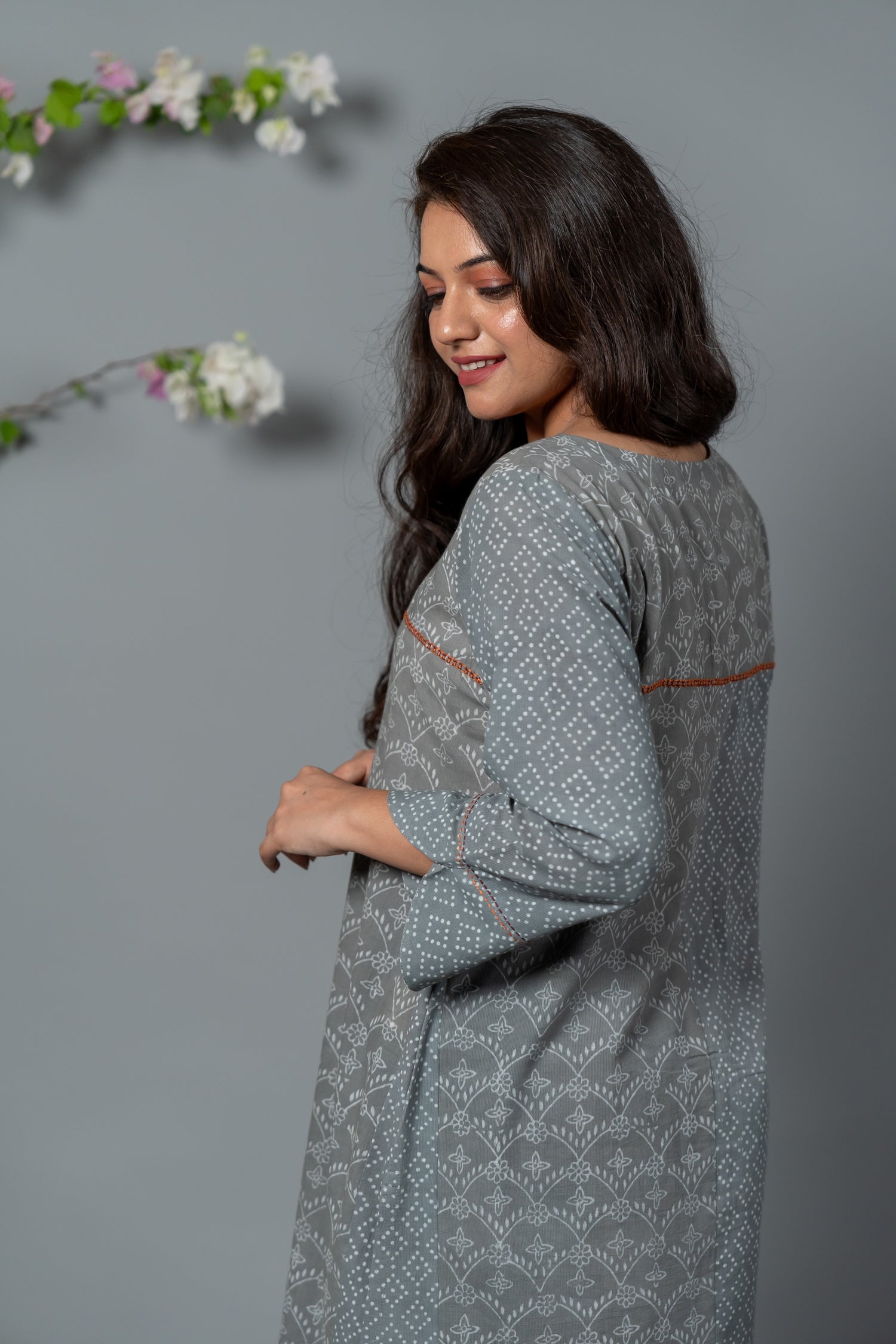 Parat Slate Grey Block Print Mul Cotton Kurta