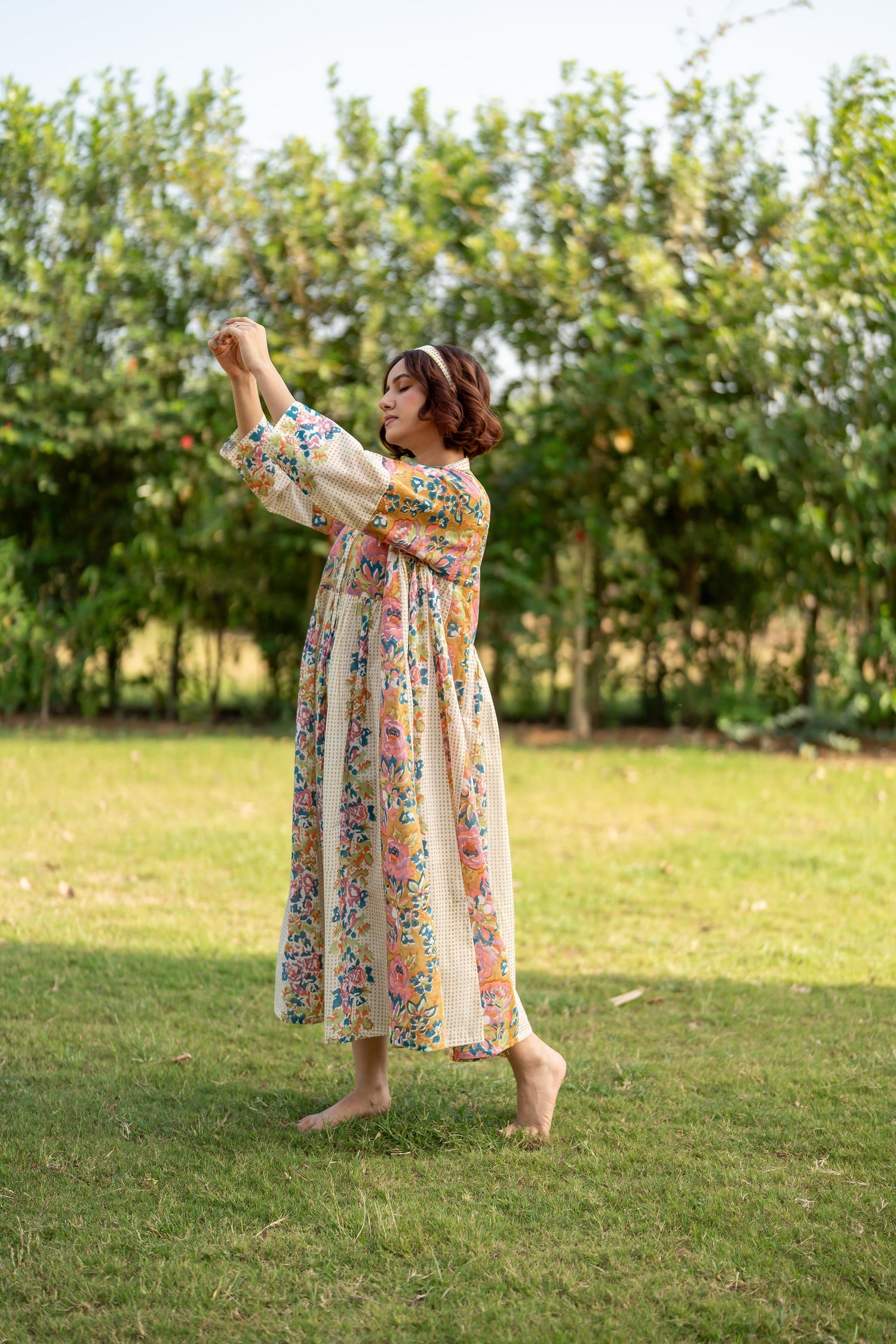 Gul Olive Green Block Print Cotton Dress | Ray-ethnic