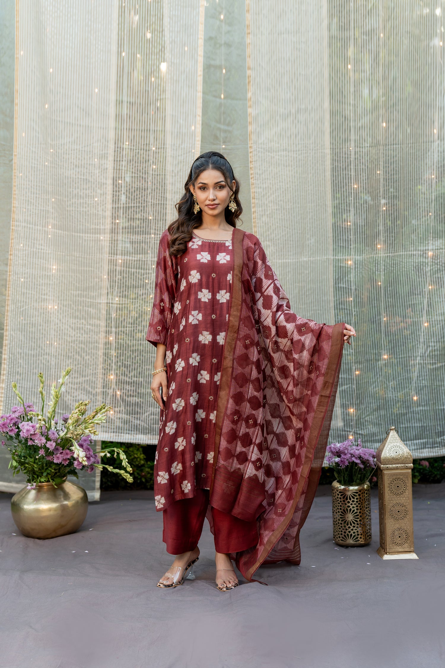 Ray Ethnic Ira – Elegant Muga Silk Kurta Set of 3 with Shibori & Hand Embroidery