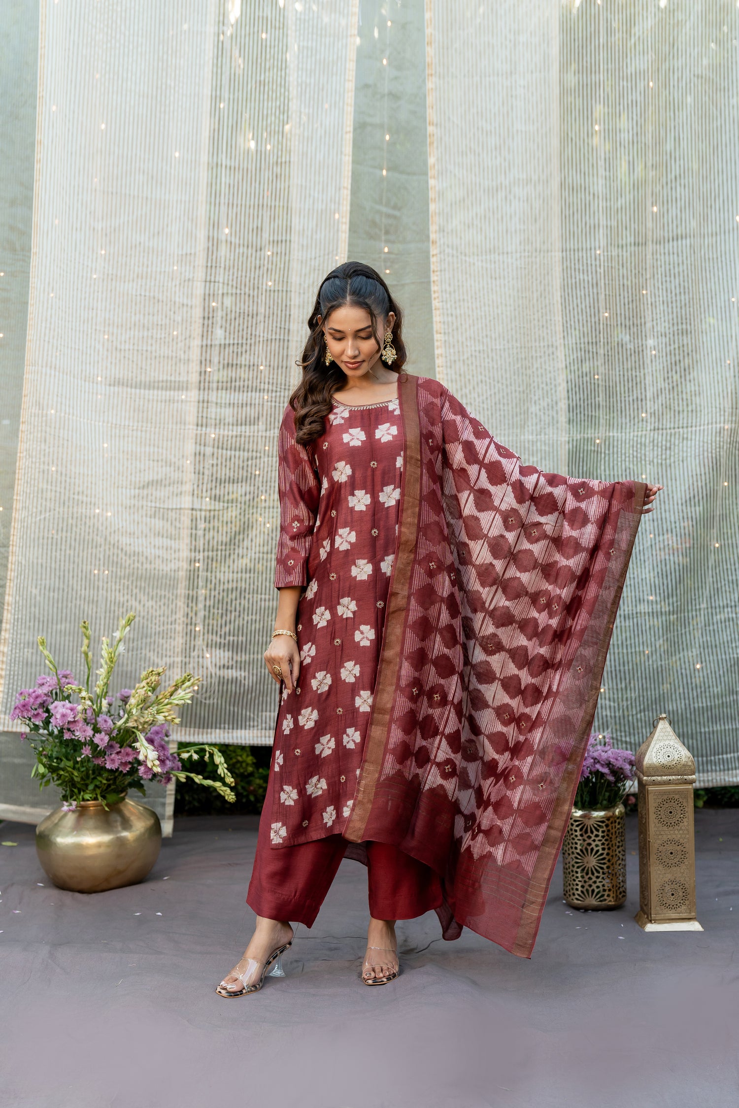 Ray Ethnic Ira – Elegant Muga Silk Kurta Set of 3 with Shibori & Hand Embroidery