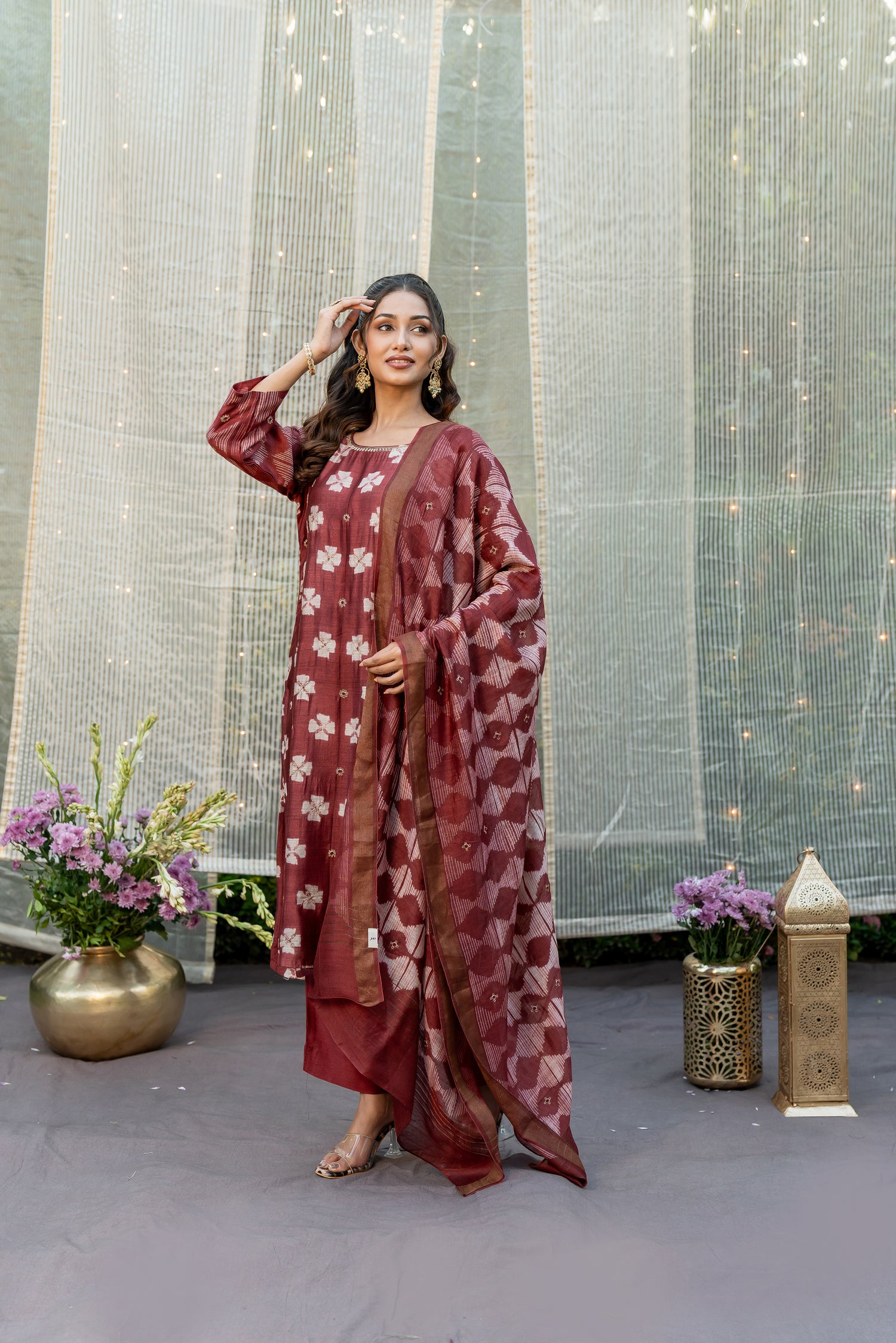 Ray Ethnic Ira – Elegant Muga Silk Kurta Set of 3 with Shibori & Hand Embroidery