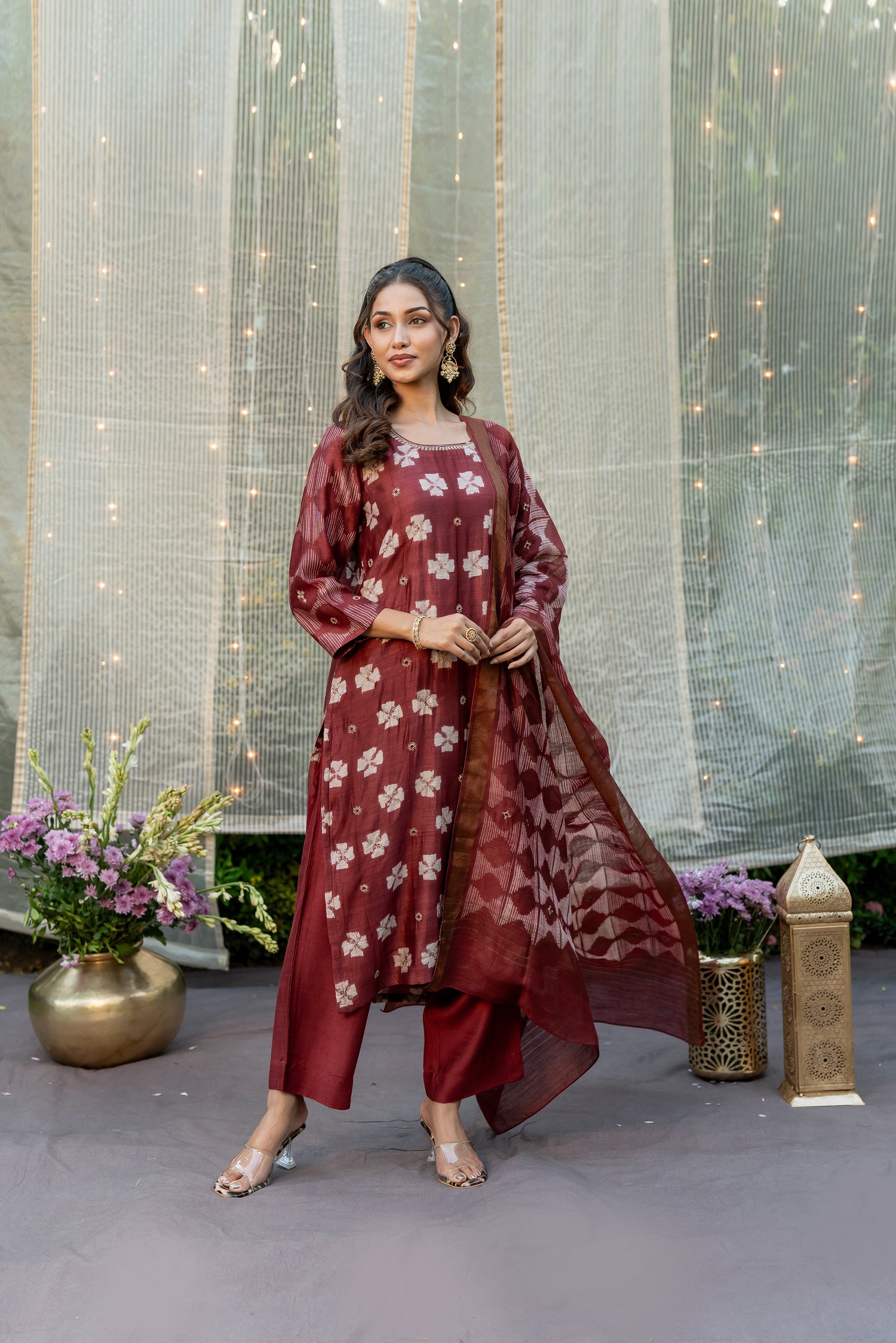 Ray Ethnic Ira – Elegant Muga Silk Kurta Set of 3 with Shibori & Hand Embroidery