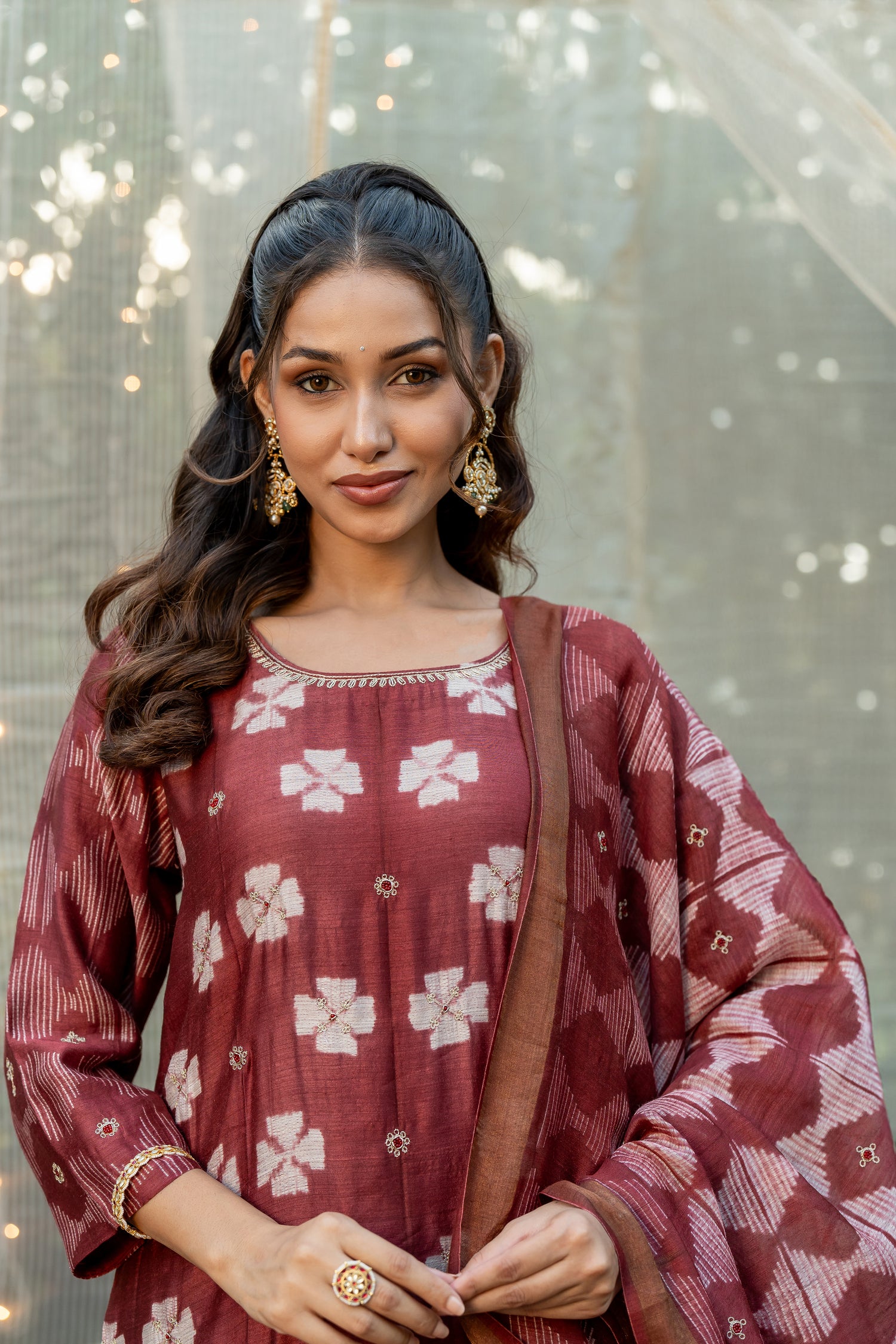 Ray Ethnic Ira – Elegant Muga Silk Kurta Set of 3 with Shibori & Hand Embroidery