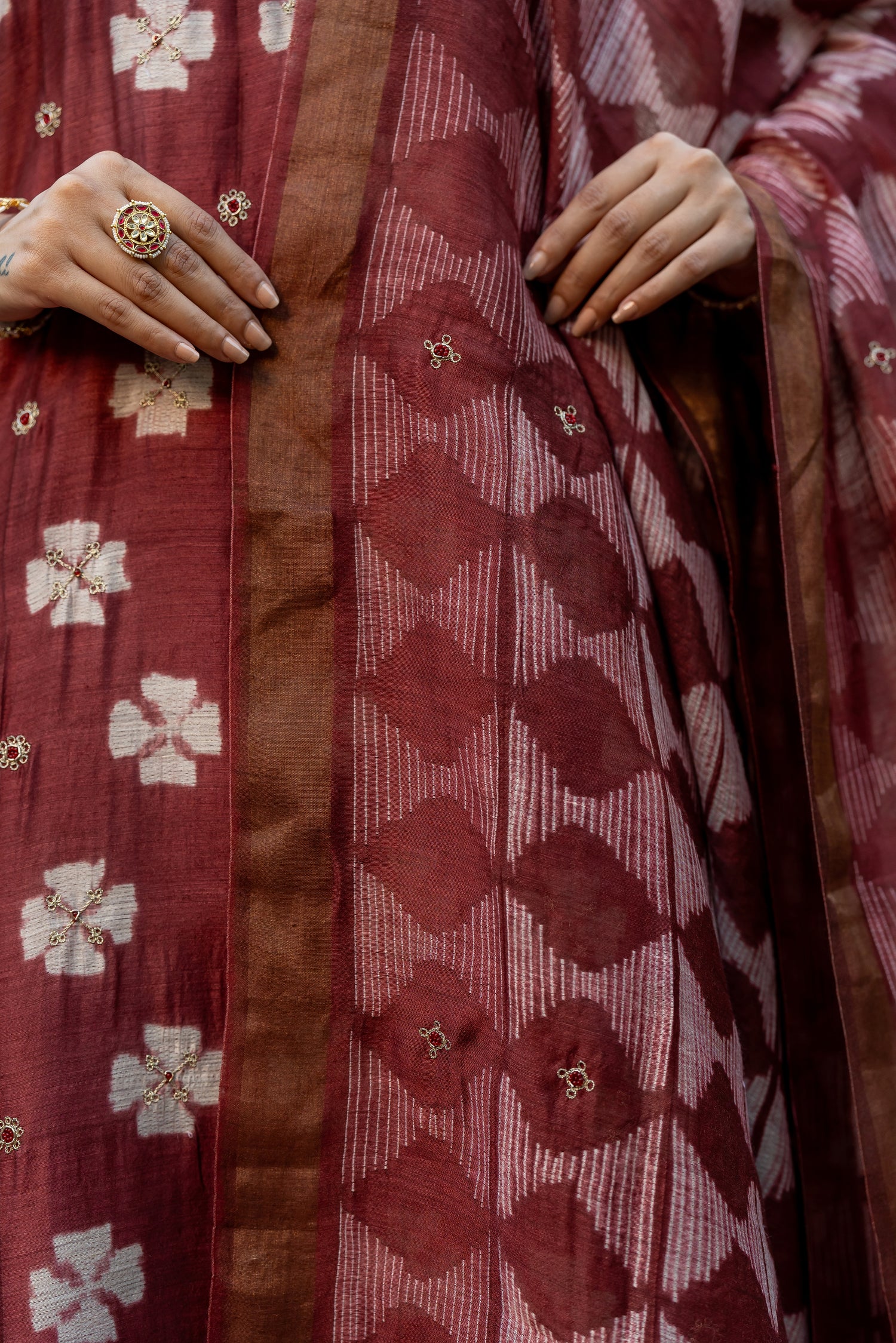 Ray Ethnic Ira – Elegant Muga Silk Kurta Set of 3 with Shibori & Hand Embroidery