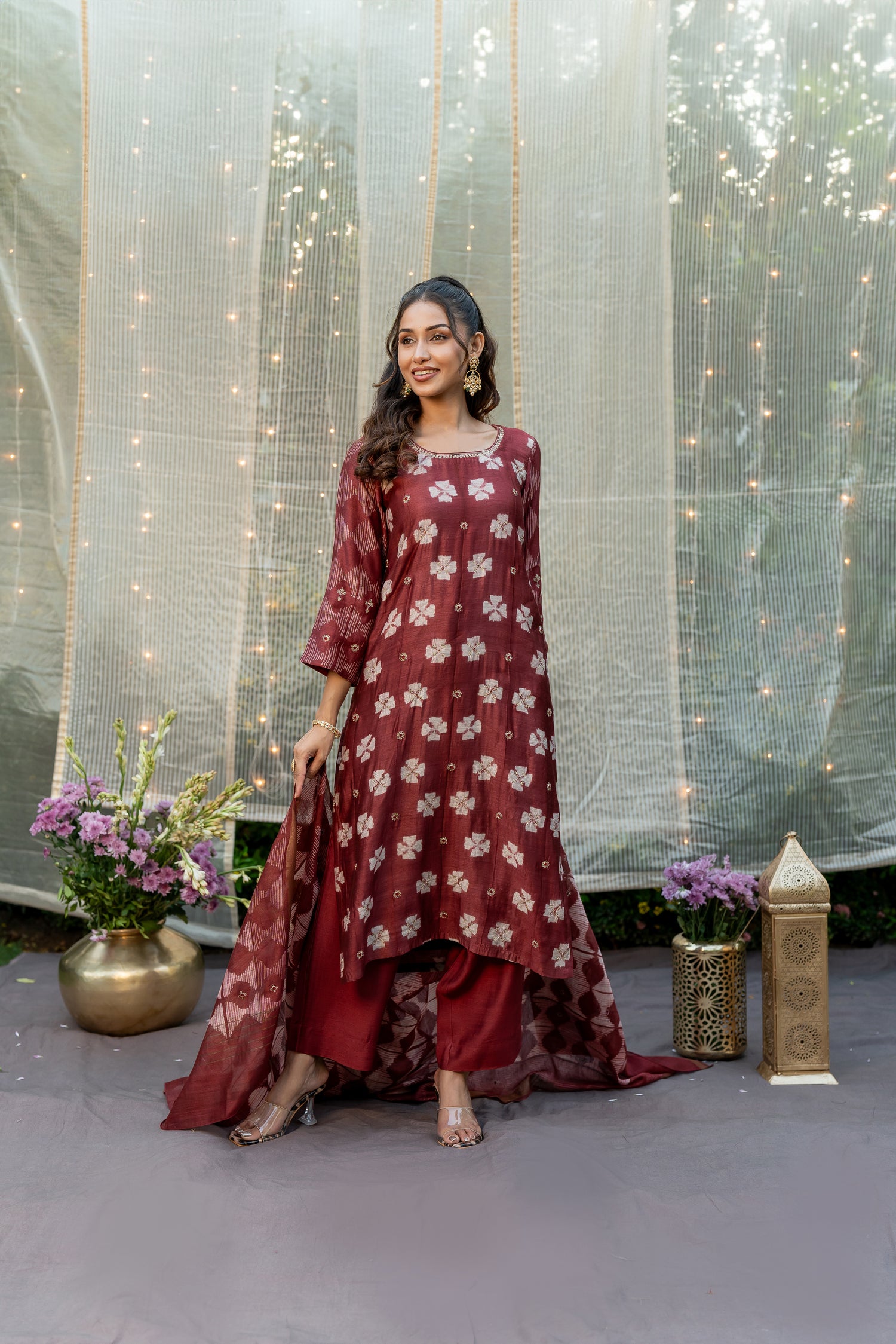Ray Ethnic Ira – Elegant Muga Silk Kurta Set of 3 with Shibori & Hand Embroidery