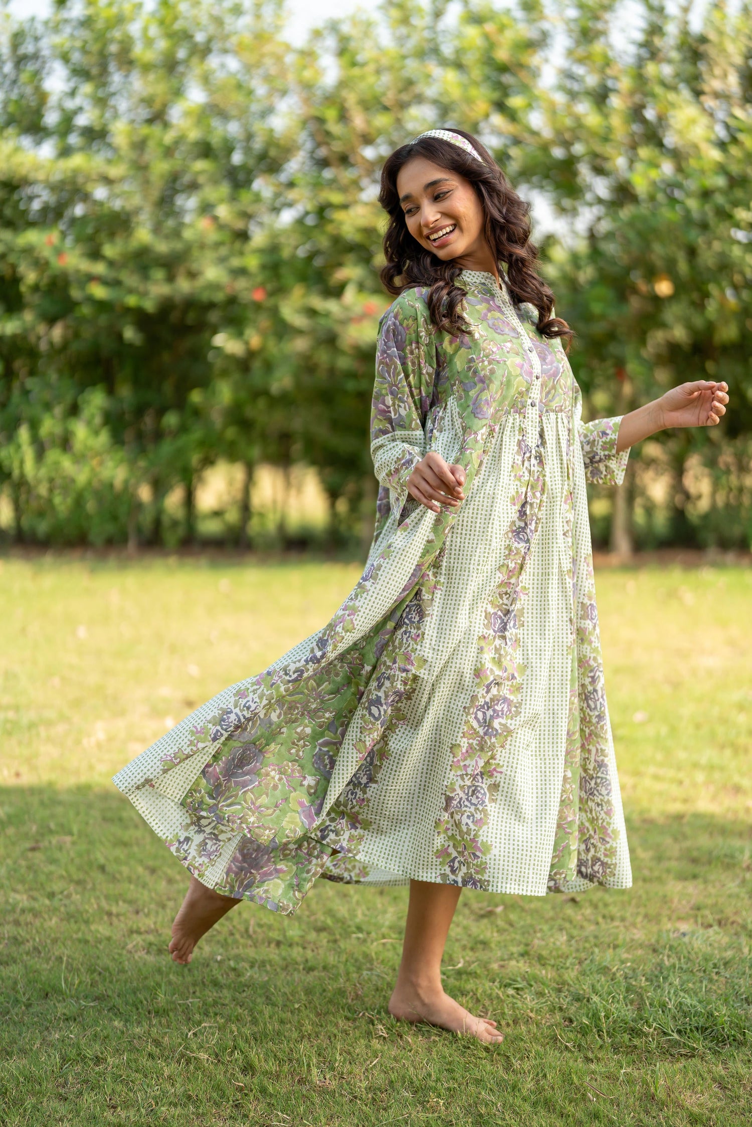 Gul Green Block Print Cotton Dress | Ray-ethnic