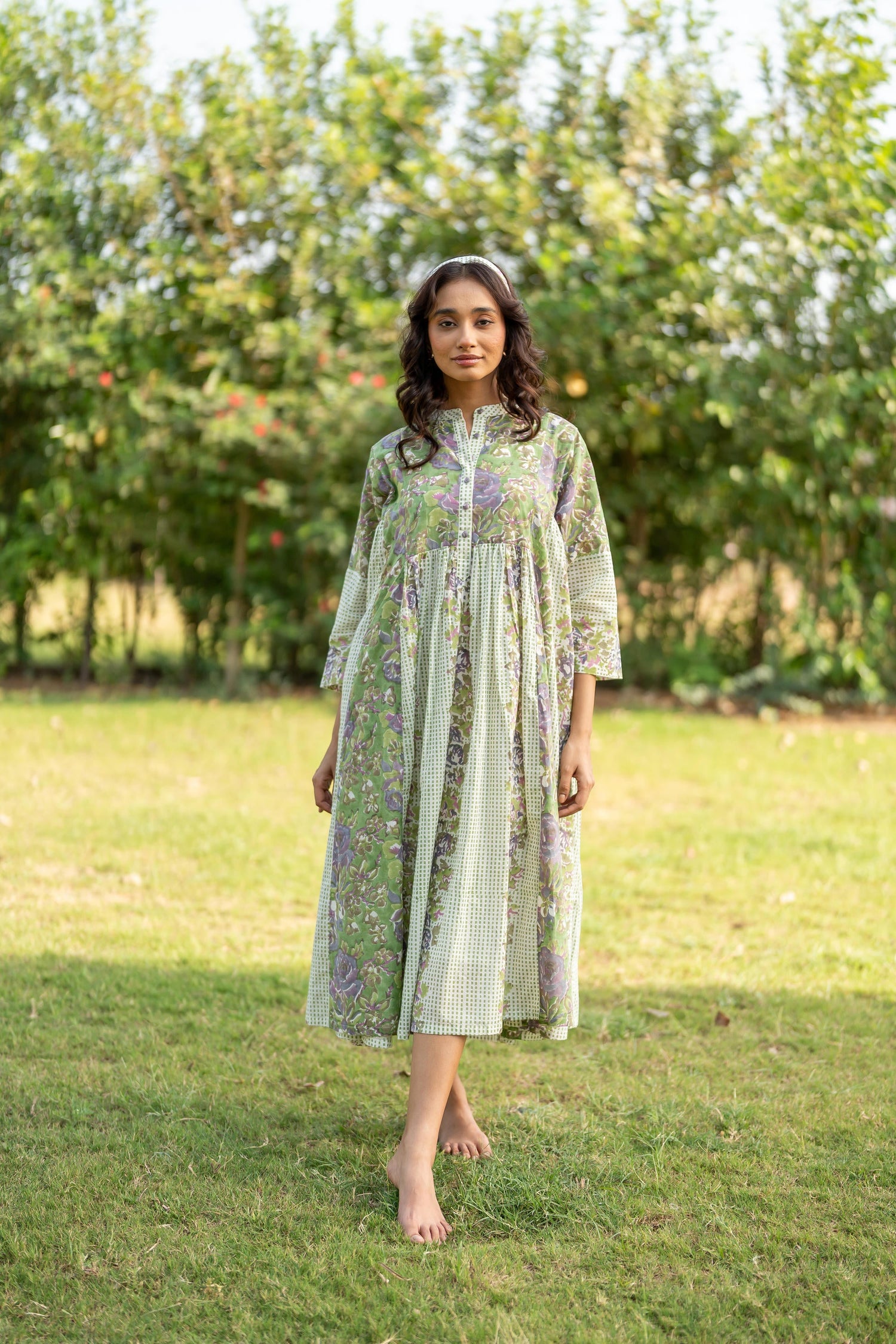Gul Green Block Print Cotton Dress | Ray-ethnic