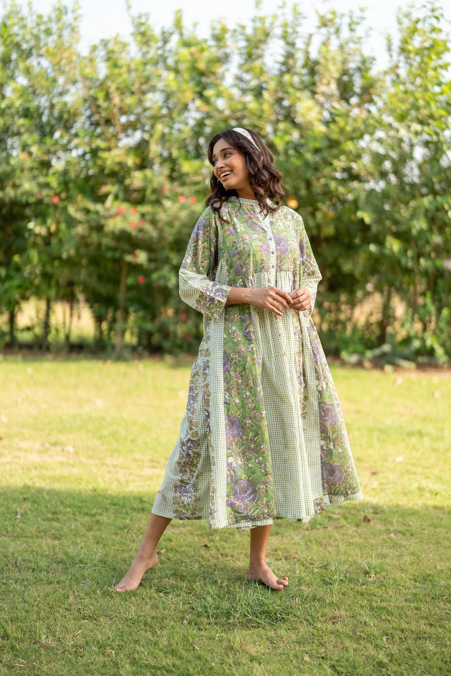 Gul Green Block Print Cotton Dress | Ray-ethnic