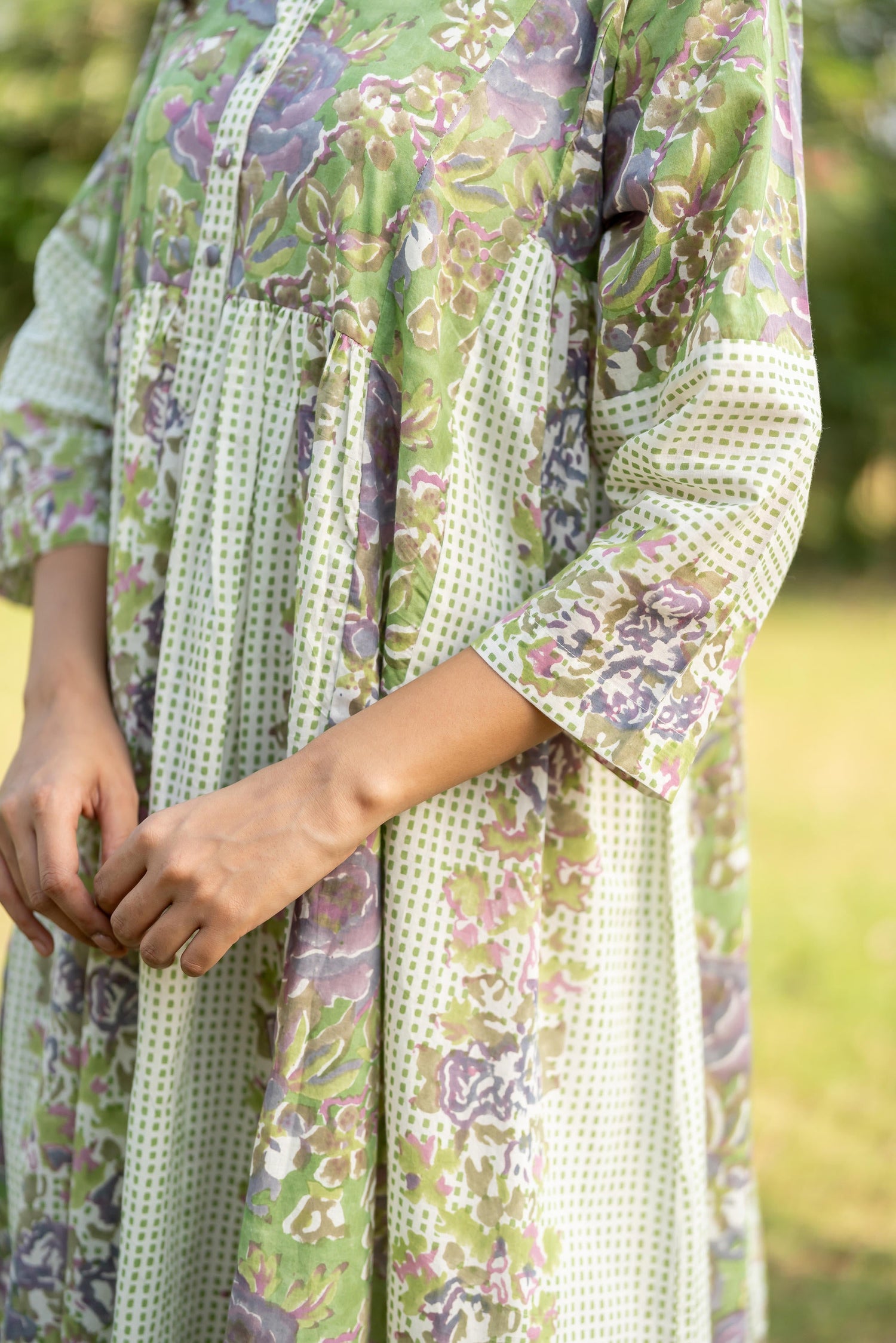 Gul Green Block Print Cotton Dress | Ray-ethnic