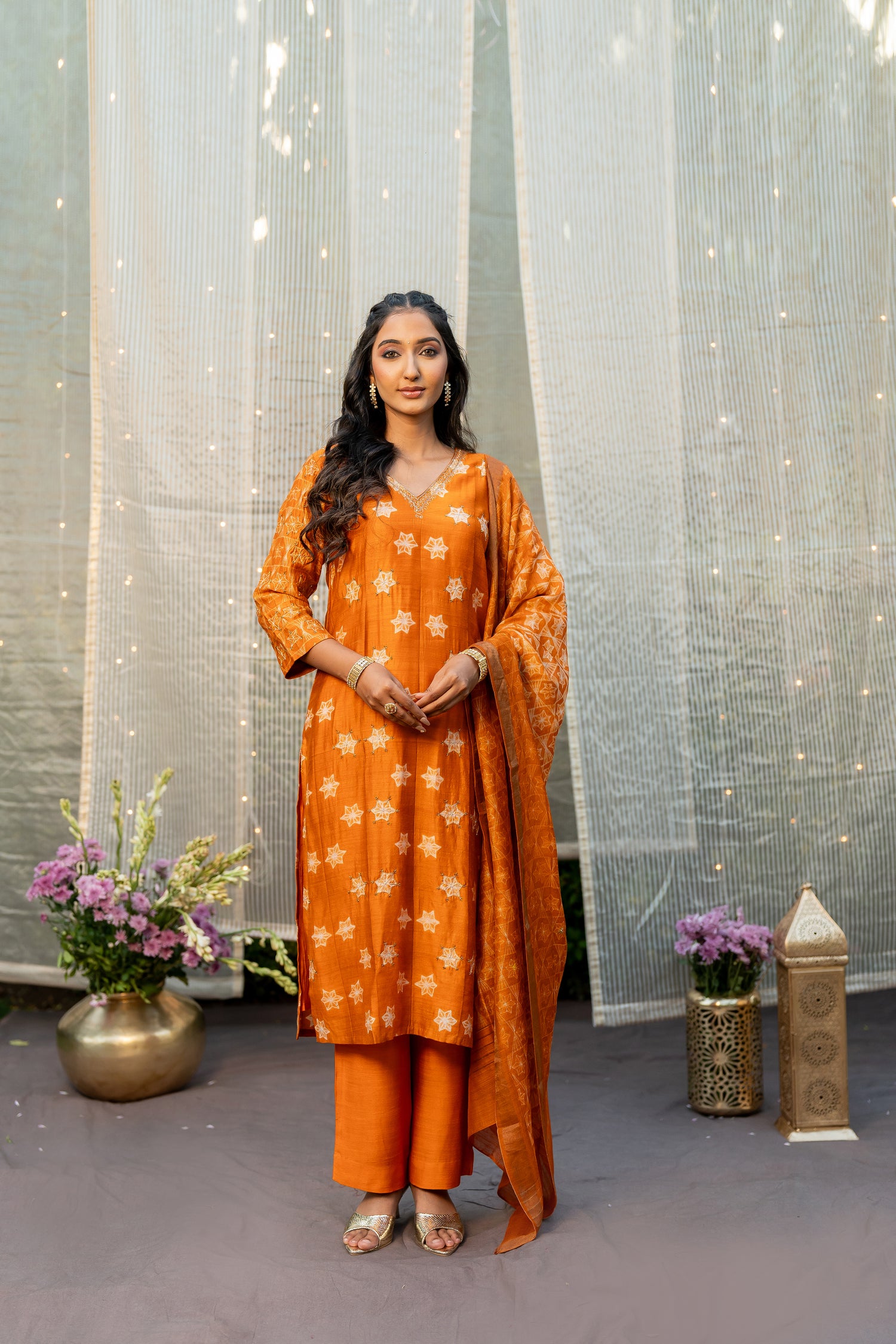 Ray Ethnic Ira – Sunrise Yellow Muga Silk Set of Three with Shibori and Delicate Hand Embroidery
