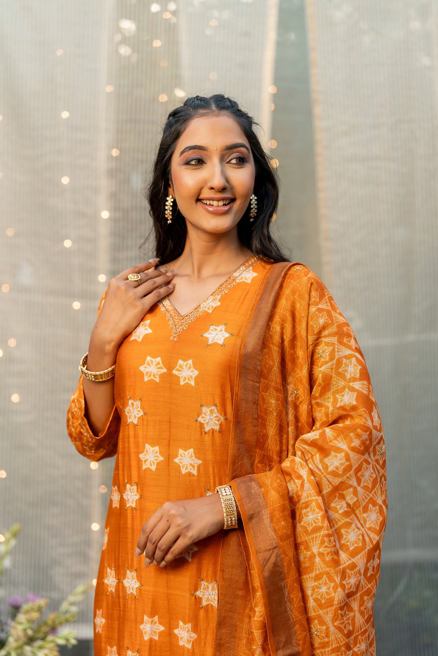 Ray Ethnic Ira – Sunrise Yellow Muga Silk Set of Three with Shibori and Delicate Hand Embroidery
