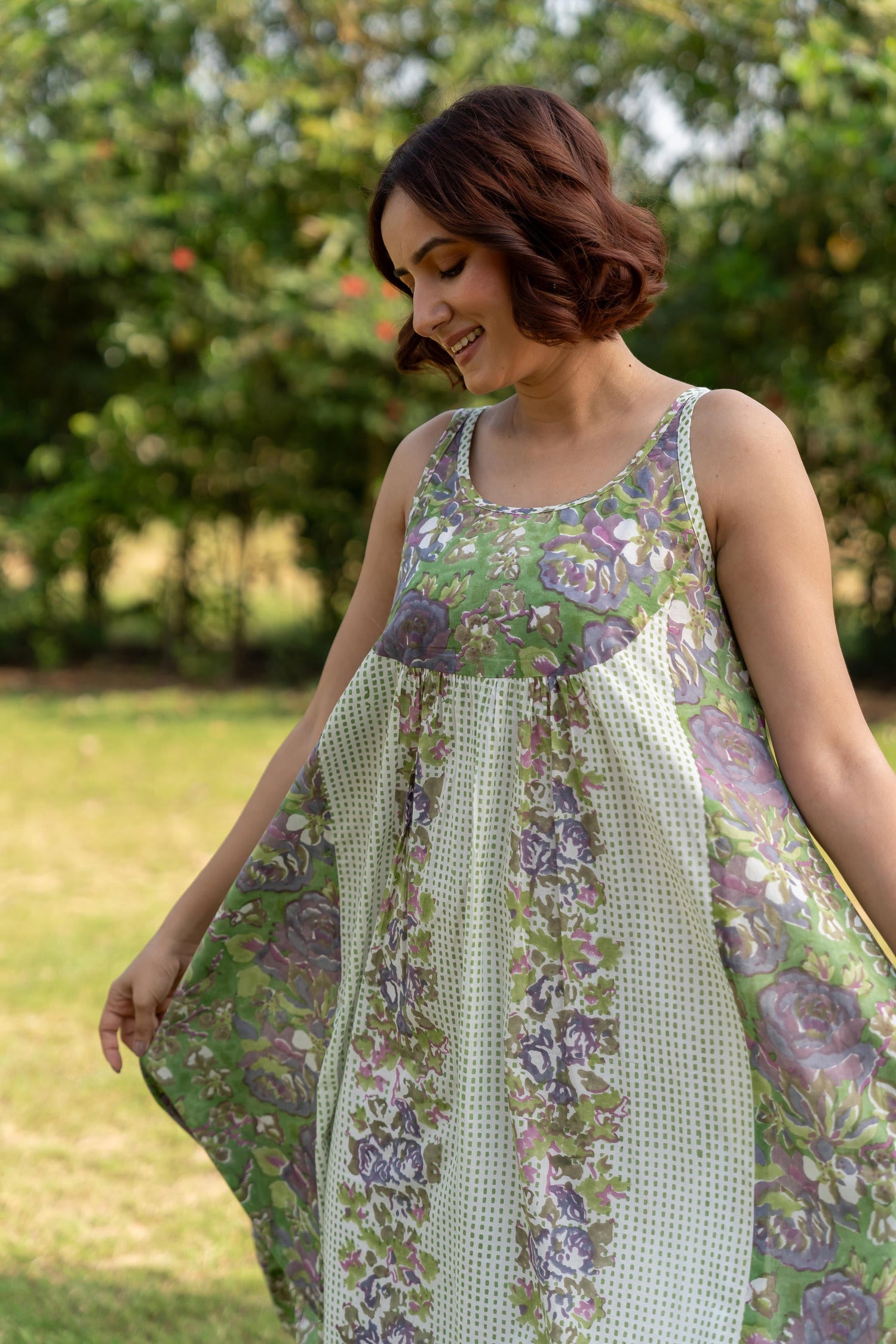 Gul Green Block Print Cotton Dress | Ray-ethnic