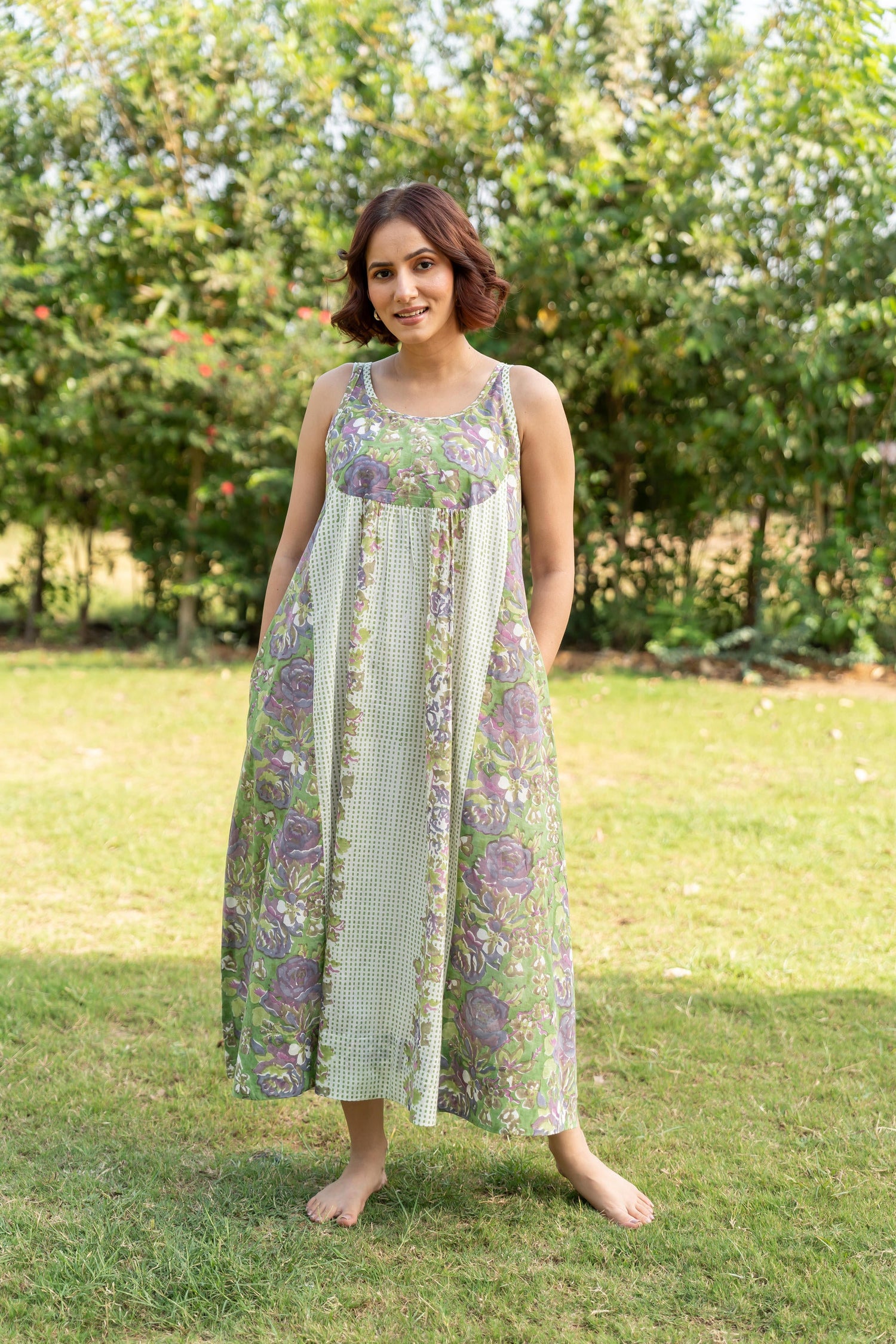 Gul Green Block Print Cotton Dress | Ray-ethnic