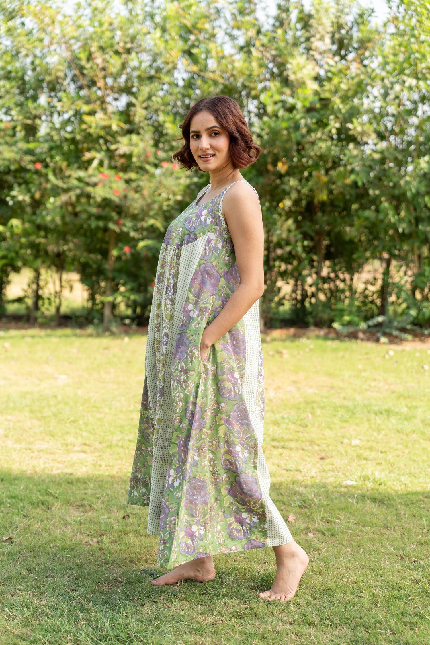Gul Green Block Print Cotton Dress | Ray-ethnic