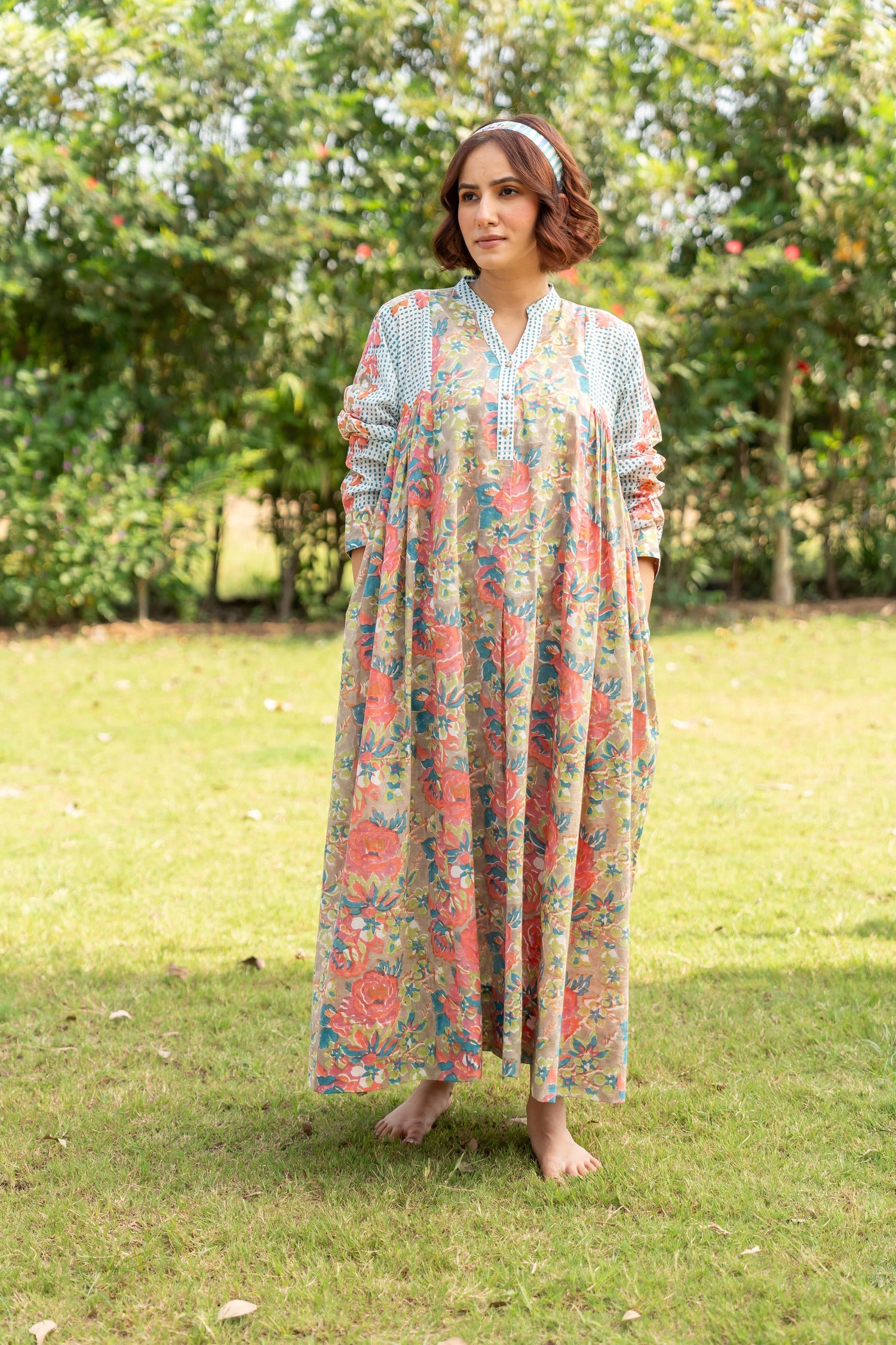 Gul Stone Grey Block Print Cotton Dress | Ray-ethnic