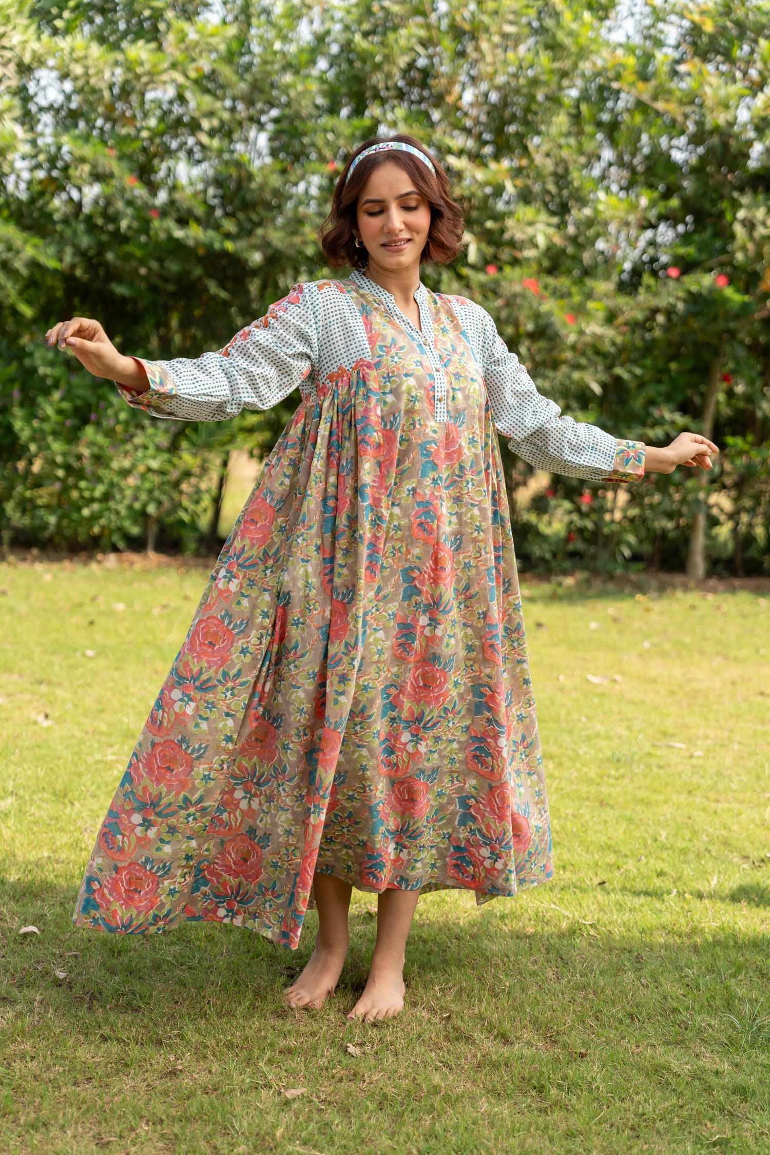 Gul Stone Grey Block Print Cotton Dress | Ray-ethnic