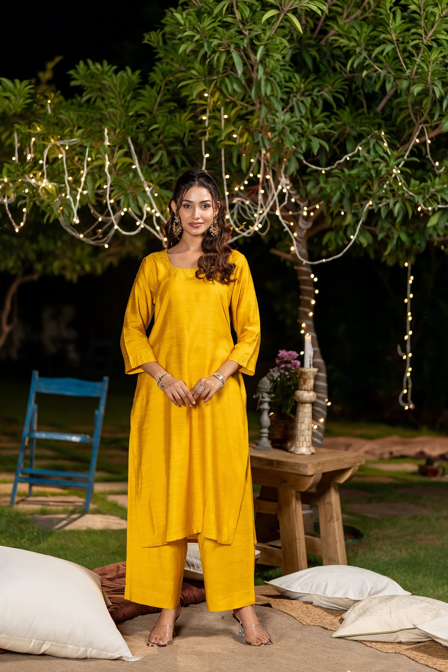 Yellow Cotton Silk Slub Badla Work Set of Two – The Ira by Ray Ethnic
