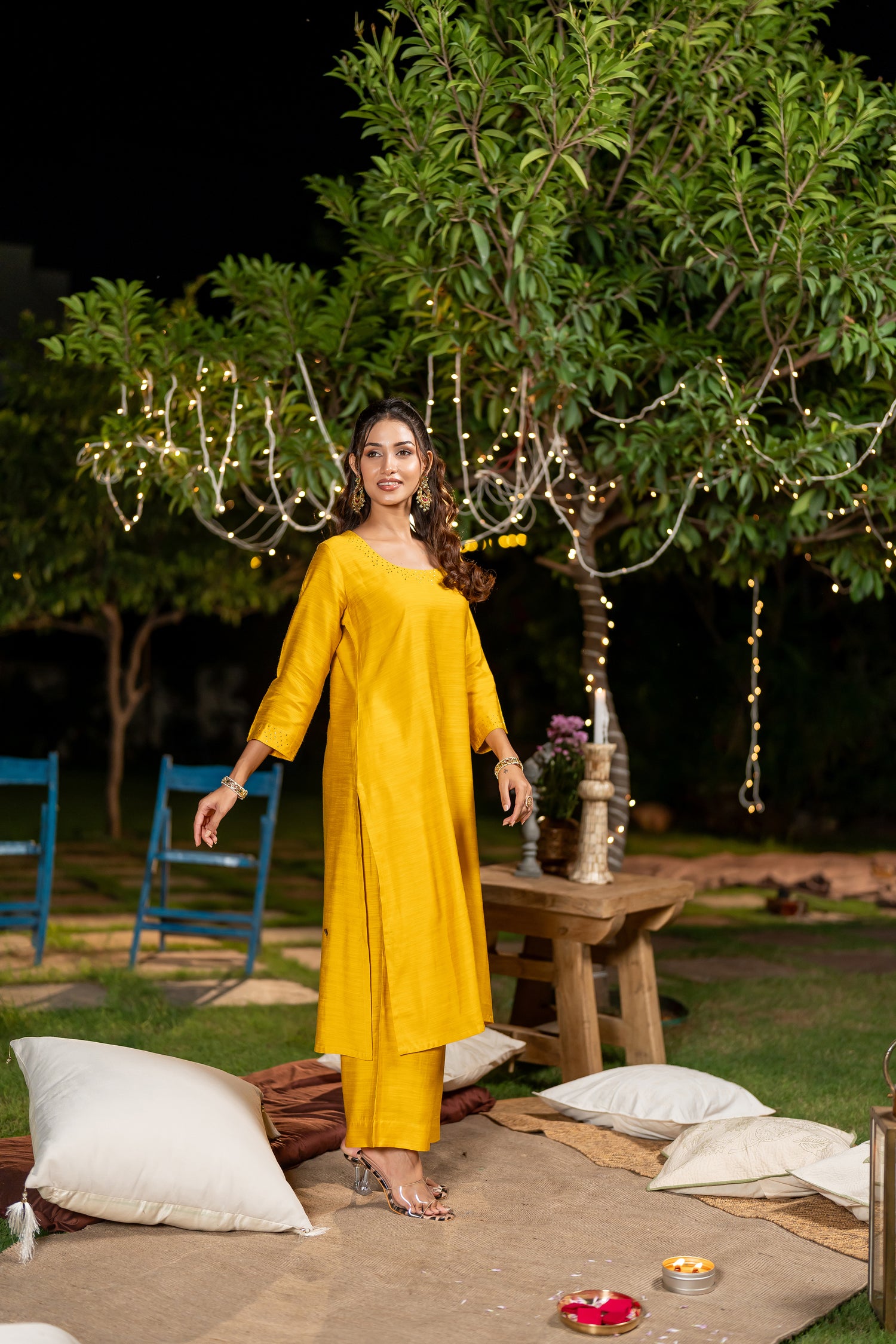 Yellow Cotton Silk Slub Badla Work Set of Two – The Ira by Ray Ethnic