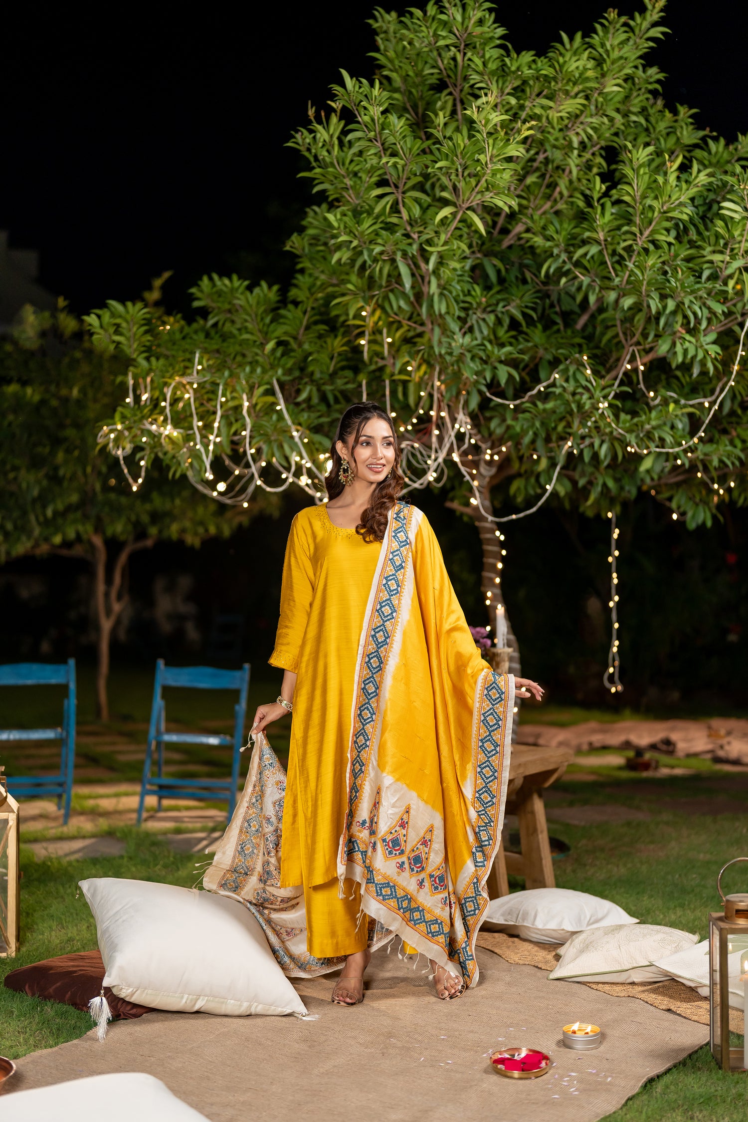 Yellow Cotton Silk Slub Badla Work Set of Two – The Ira by Ray Ethnic