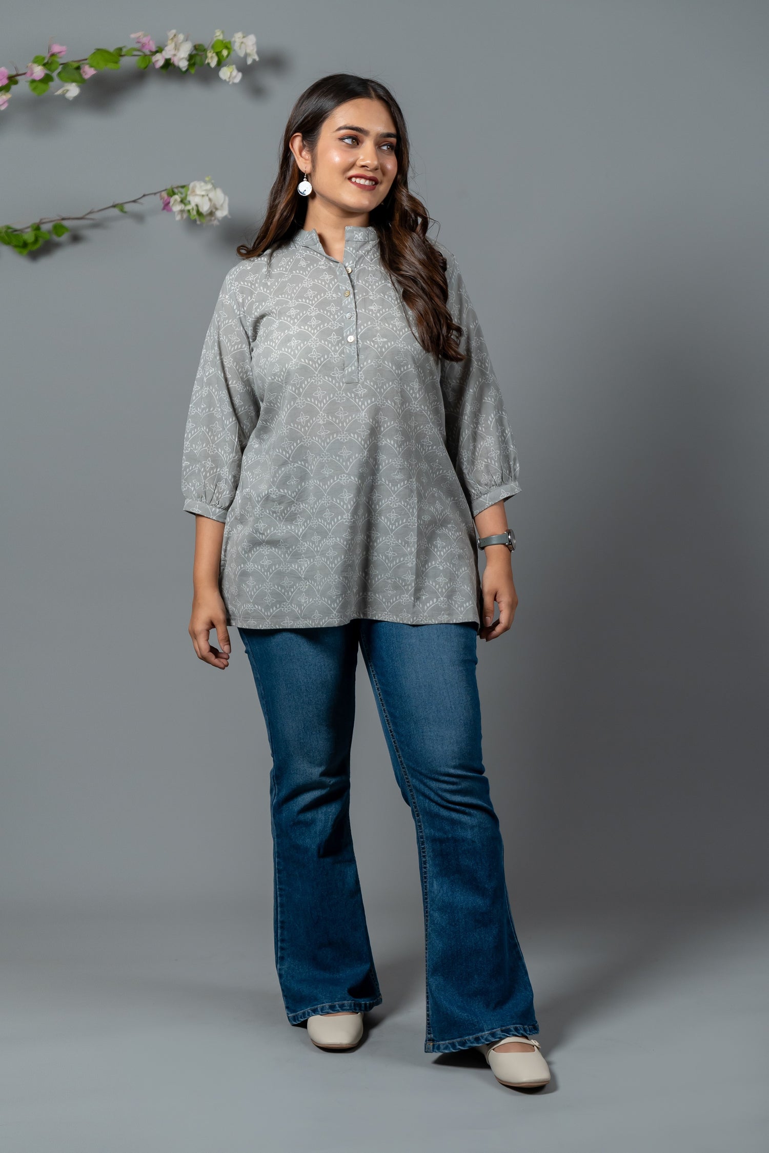 Parat Block Print Mul Cotton Grey Top