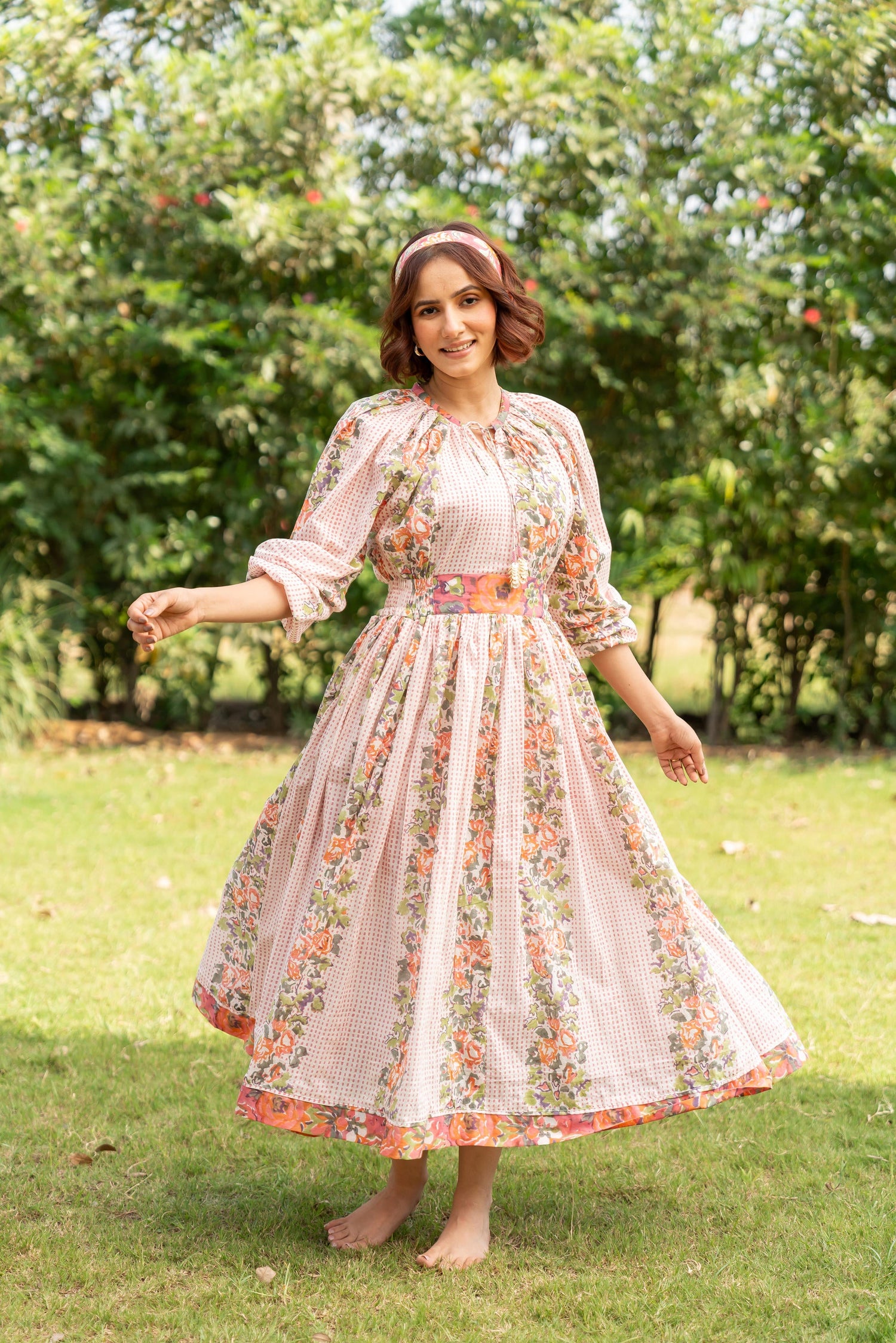 Gul Light Pink Block Print Cotton Dress | Ray-ethnic