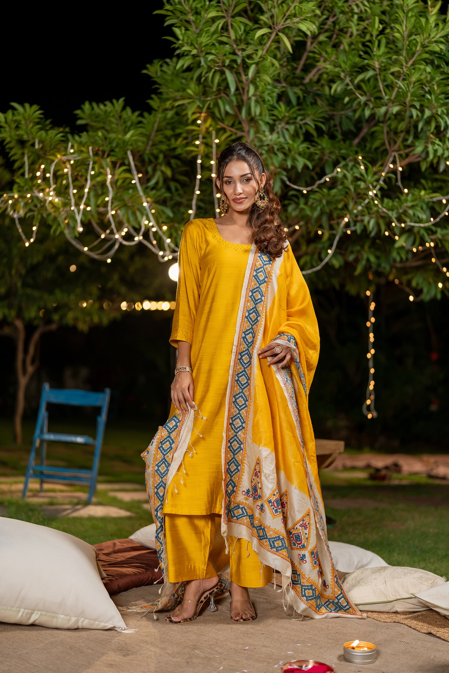 Yellow Cotton Silk Slub Badla Work Set of Two – The Ira by Ray Ethnic