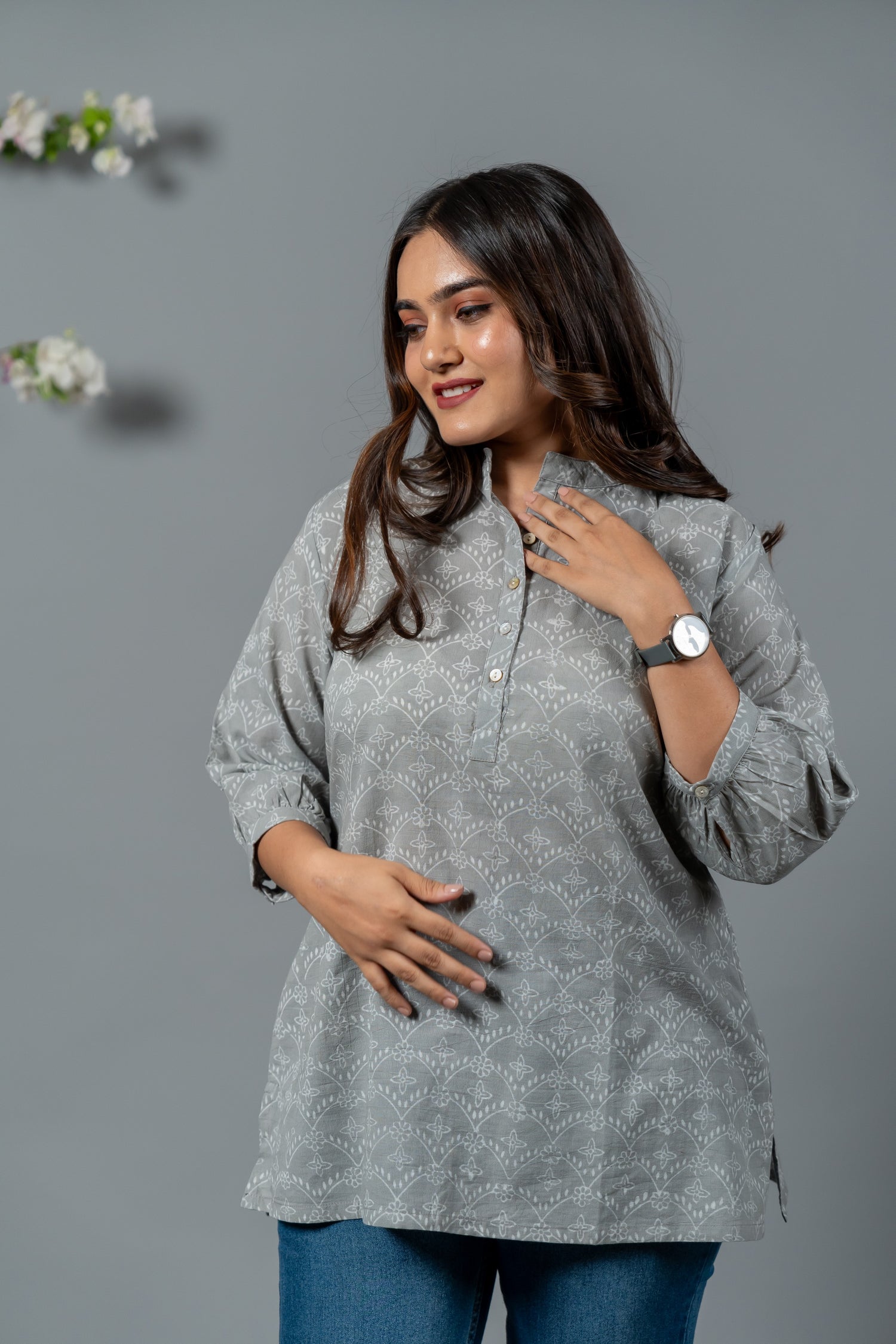 Parat Block Print Mul Cotton Grey Top