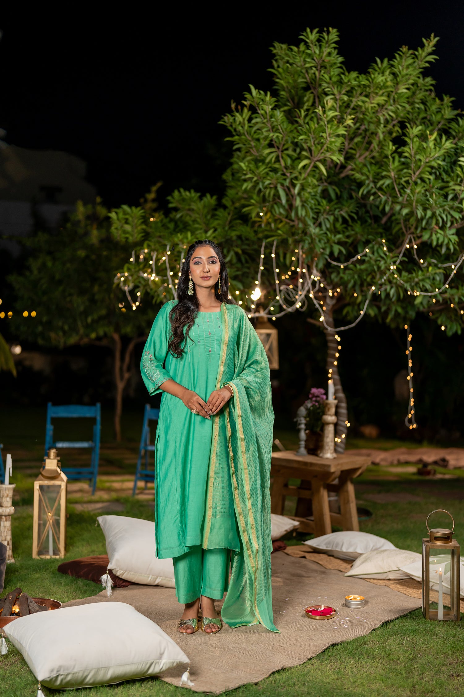 Ray Ethnic Ira – Green Chanderi Silk Kurta Set of 3 with Delicate Hand Embroidery