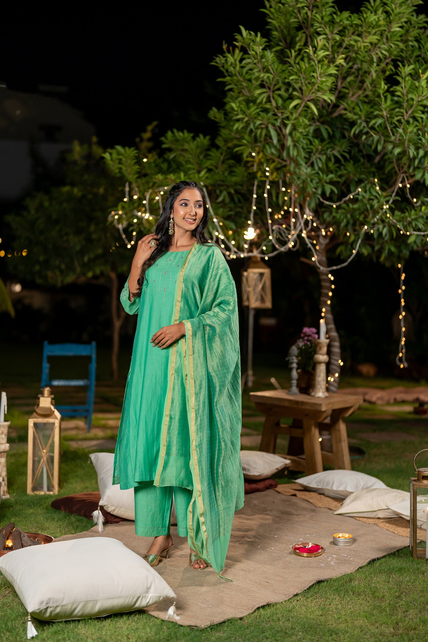 Ray Ethnic Ira – Green Chanderi Silk Kurta Set of 3 with Delicate Hand Embroidery