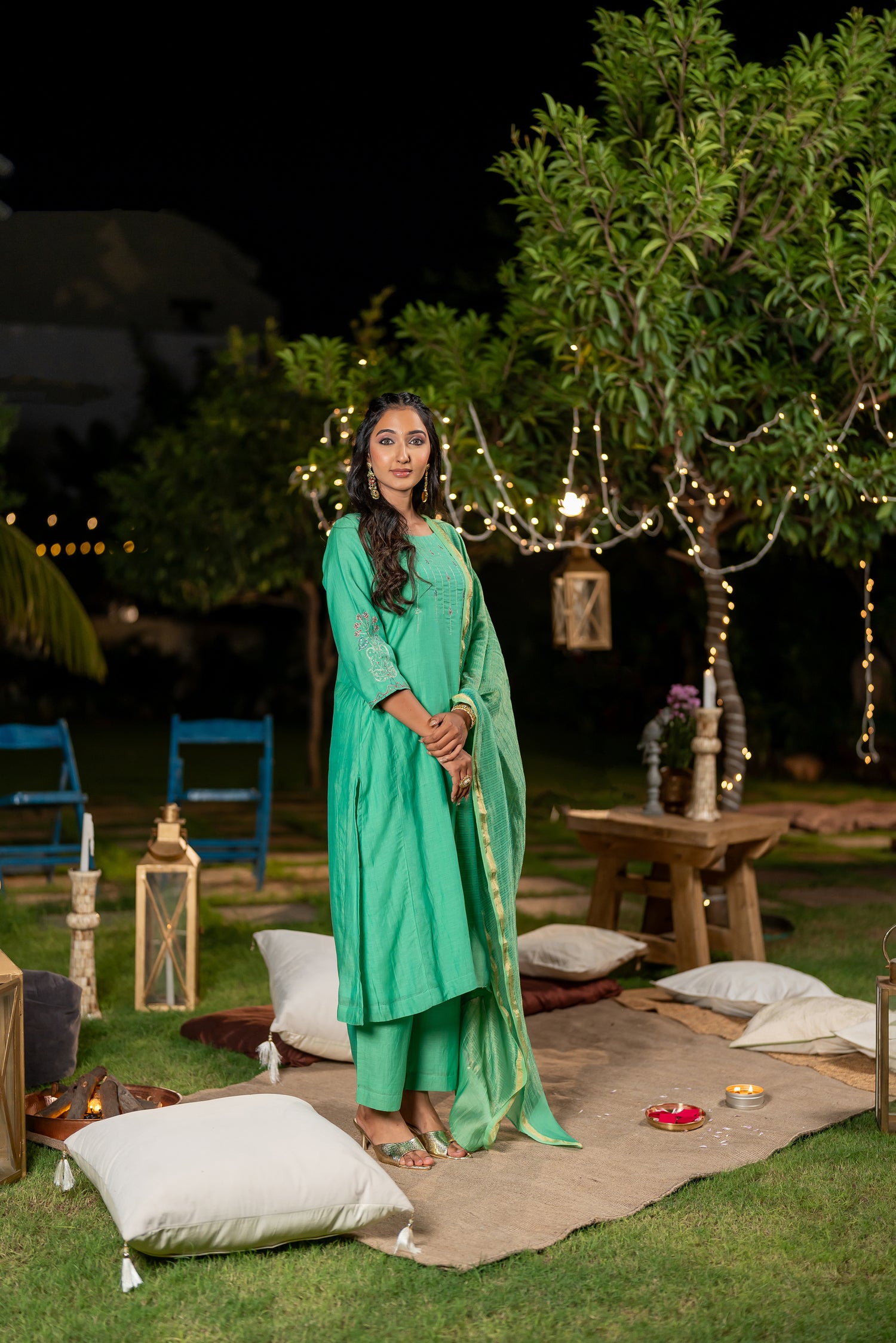 Ray Ethnic Ira – Green Chanderi Silk Kurta Set of 3 with Delicate Hand Embroidery