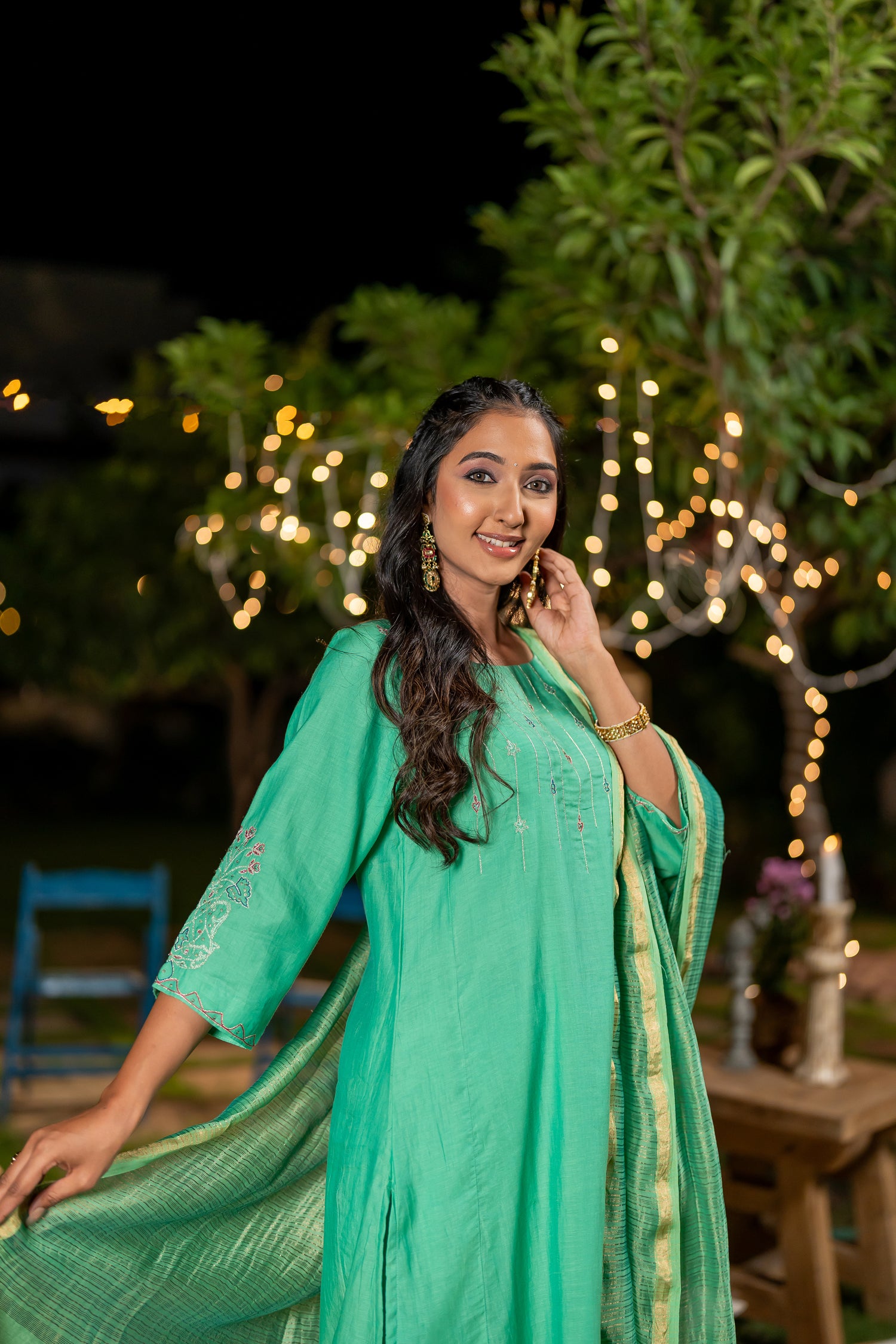 Ray Ethnic Ira – Green Chanderi Silk Kurta Set of 3 with Delicate Hand Embroidery