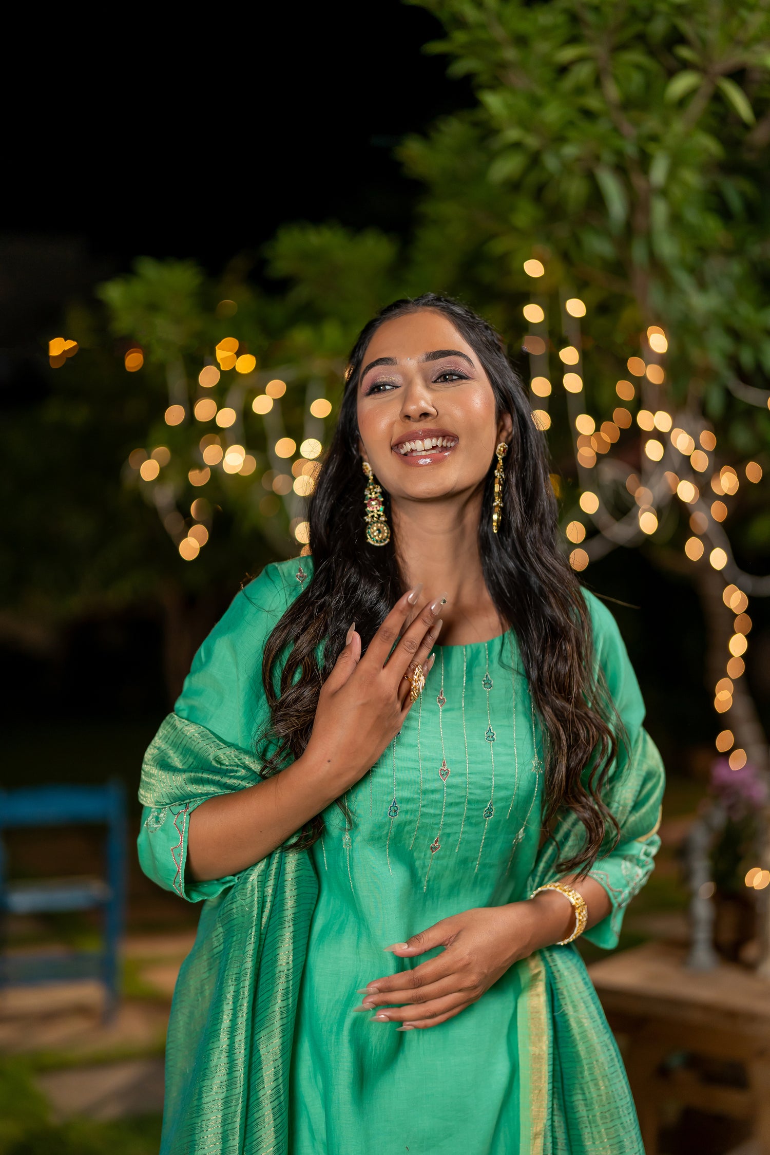 Ray Ethnic Ira – Green Chanderi Silk Kurta Set of 3 with Delicate Hand Embroidery