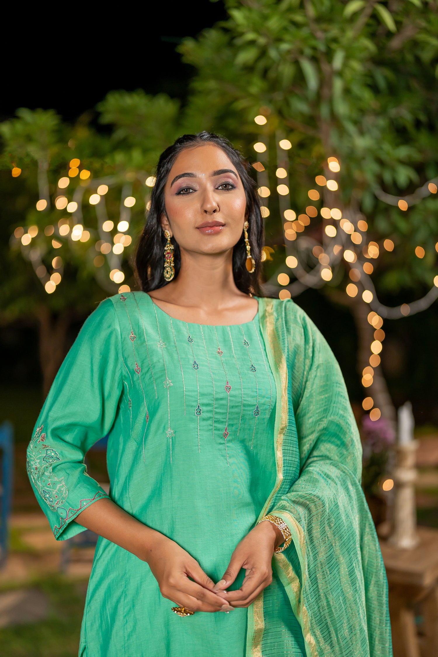 Ray Ethnic Ira – Green Chanderi Silk Kurta Set of 3 with Delicate Hand Embroidery