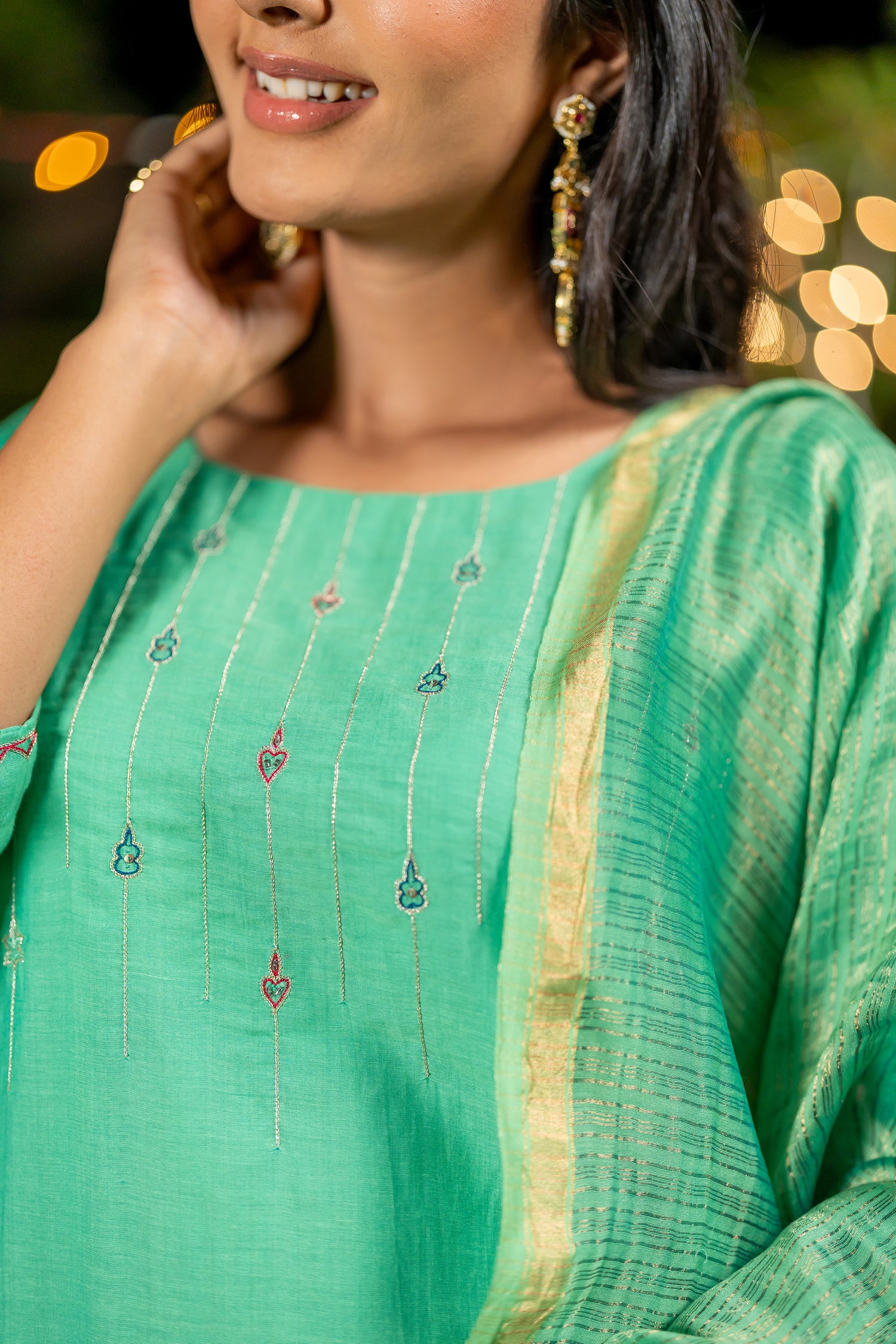 Ray Ethnic Ira – Green Chanderi Silk Kurta Set of 3 with Delicate Hand Embroidery