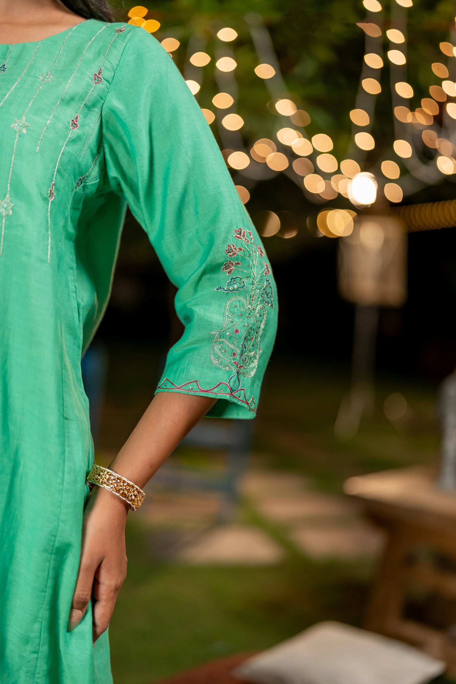 Ray Ethnic Ira – Green Chanderi Silk Kurta Set of 3 with Delicate Hand Embroidery