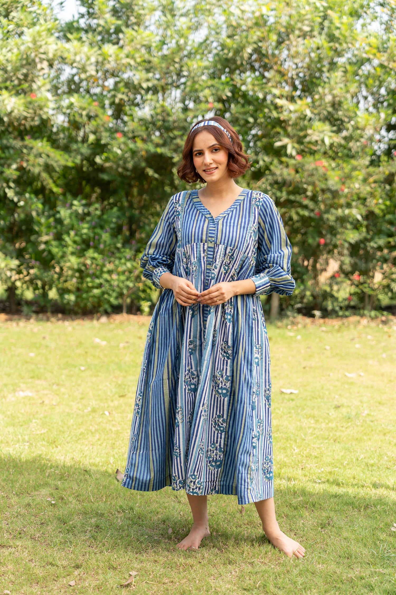 Gul Blue Block Print Cotton Dress | Ray-ethnic