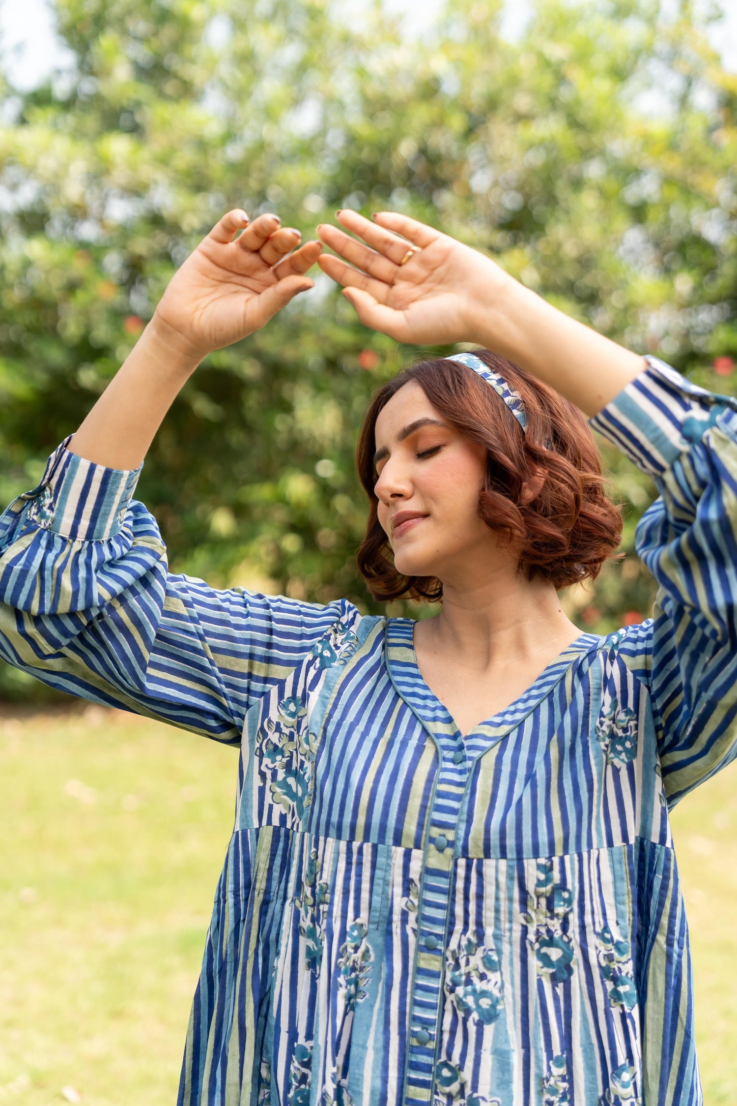 Gul Blue Block Print Cotton Dress | Ray-ethnic