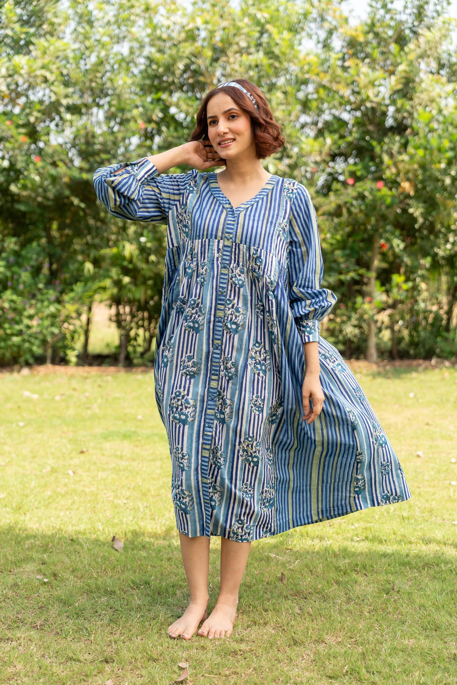 Gul Blue Block Print Cotton Dress | Ray-ethnic