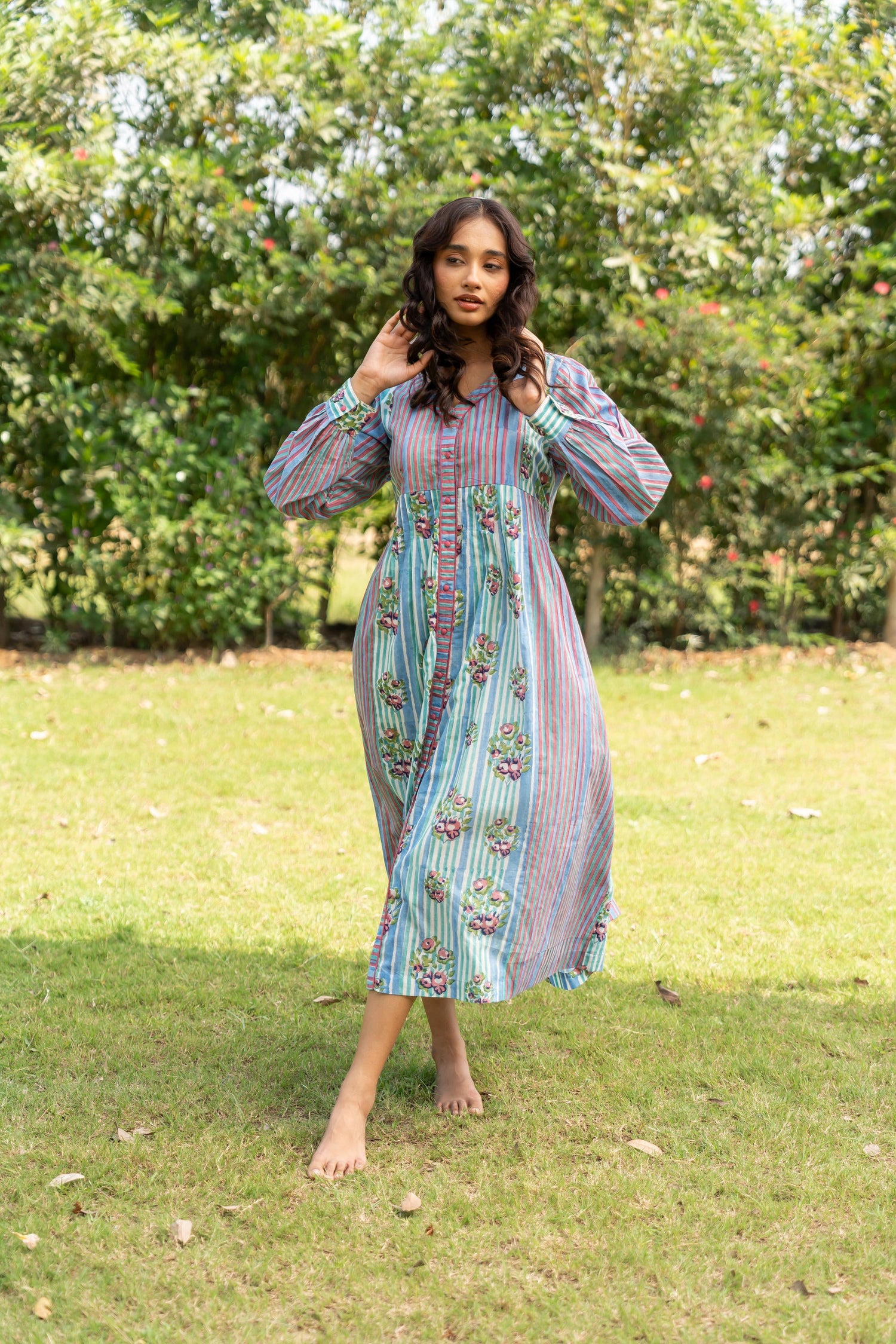 Gul Sea Green Block Print Cotton Dress | Ray-ethnic
