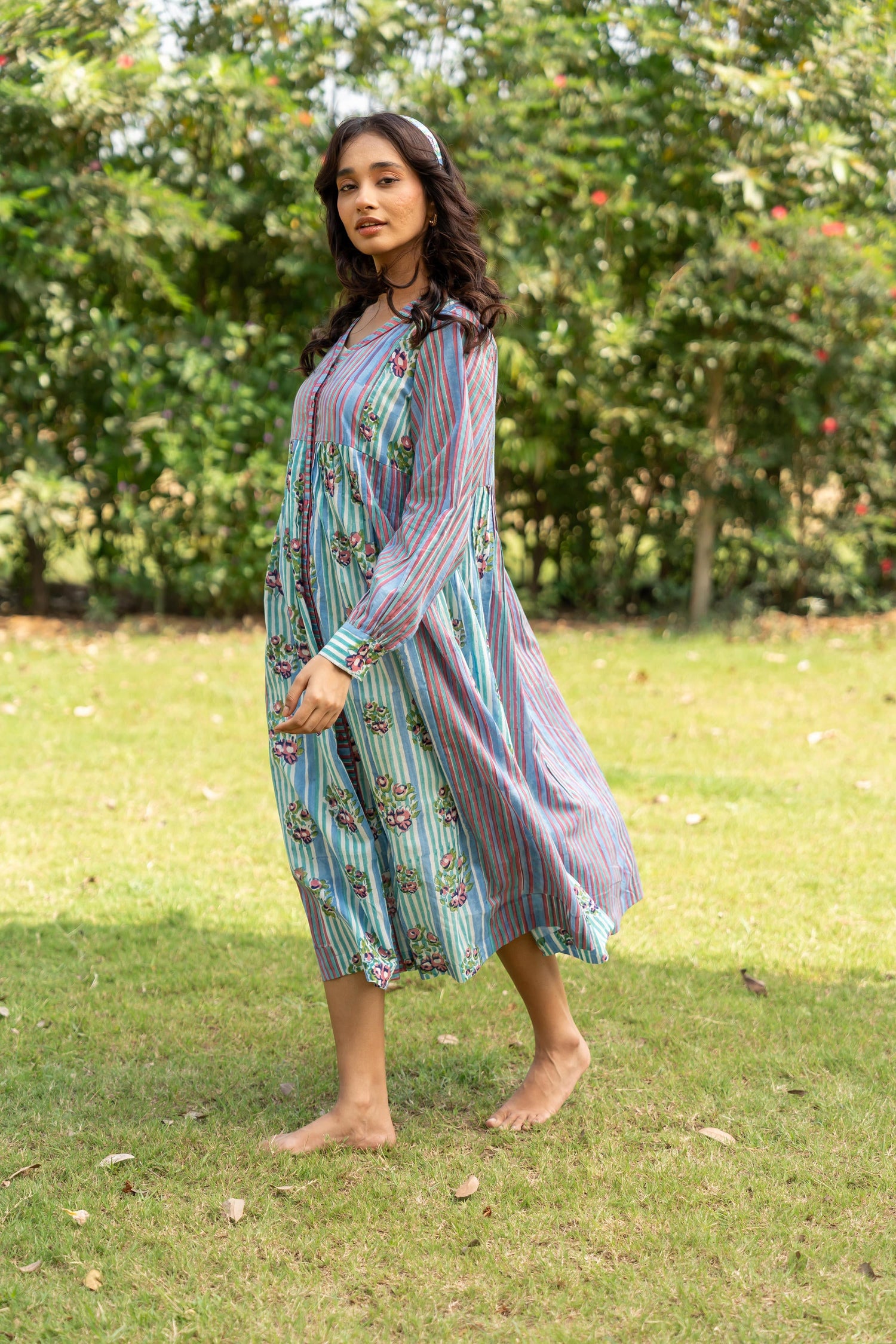 Gul Sea Green Block Print Cotton Dress | Ray-ethnic