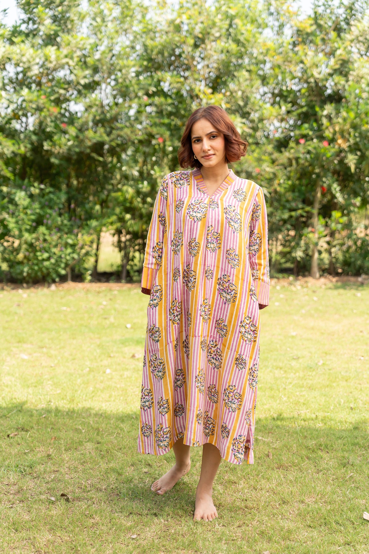 Gul Baby Pink Block Print Modal Dress | Ray-ethnic