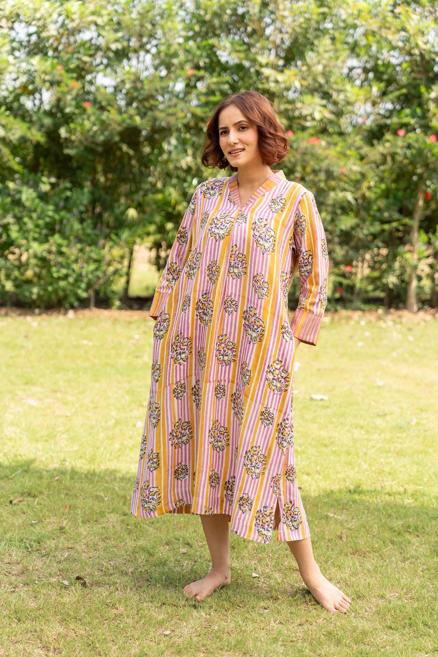 Gul Baby Pink Block Print Modal Dress | Ray-ethnic