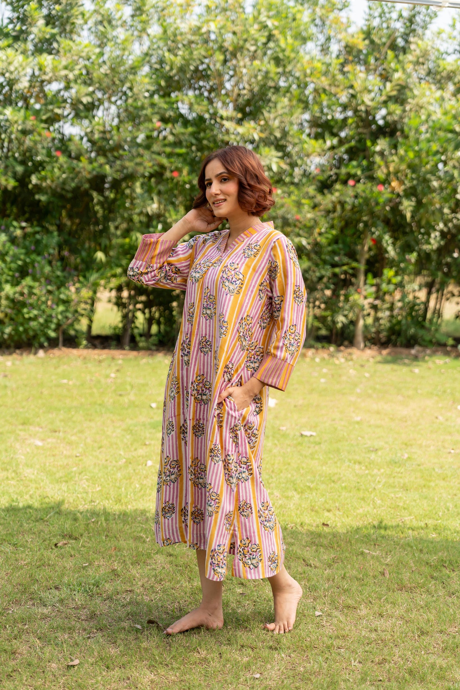 Gul Baby Pink Block Print Modal Dress | Ray-ethnic