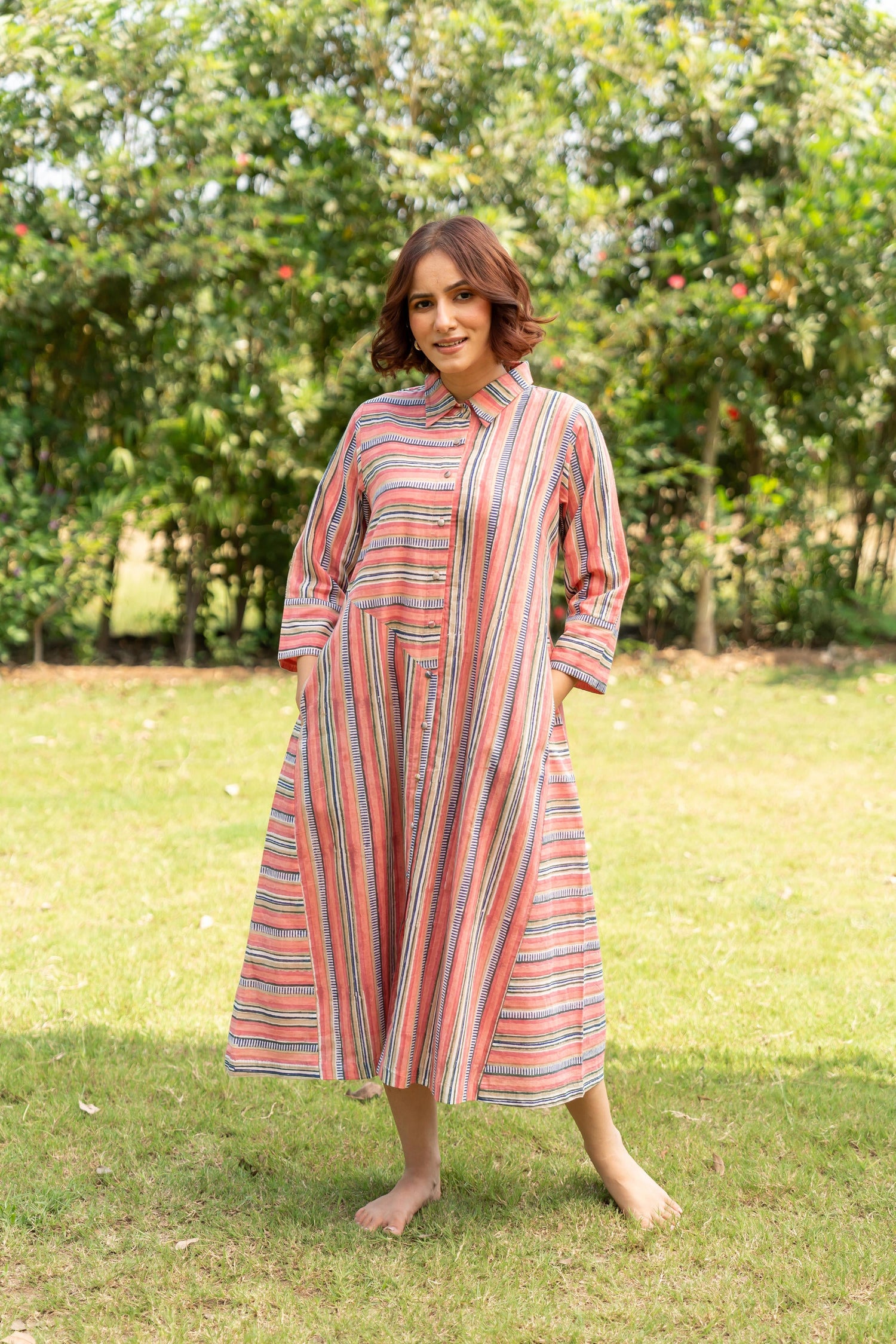Gul Light Pink Block Print Cotton Dress | Ray-ethnic