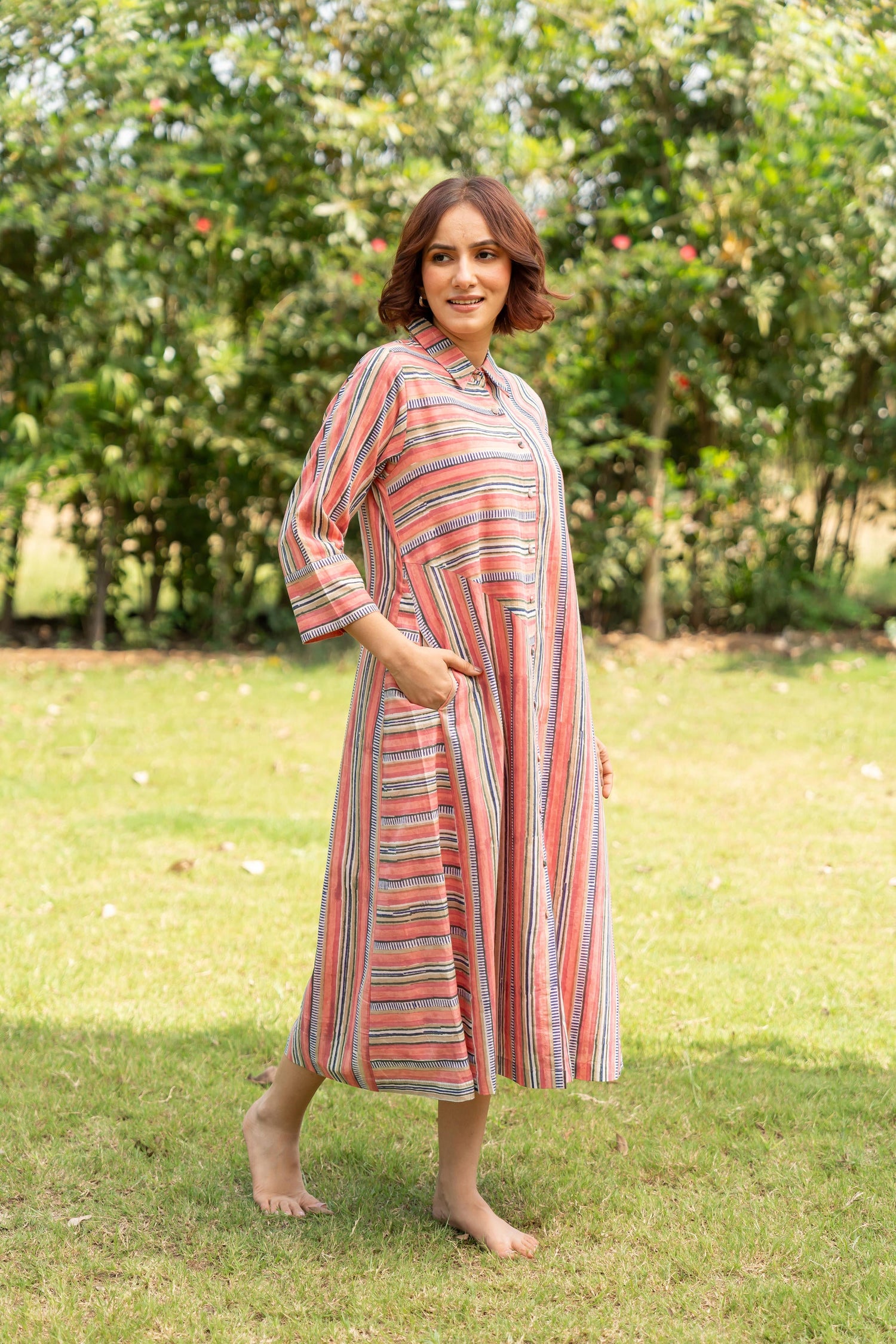 Gul Light Pink Block Print Cotton Dress | Ray-ethnic