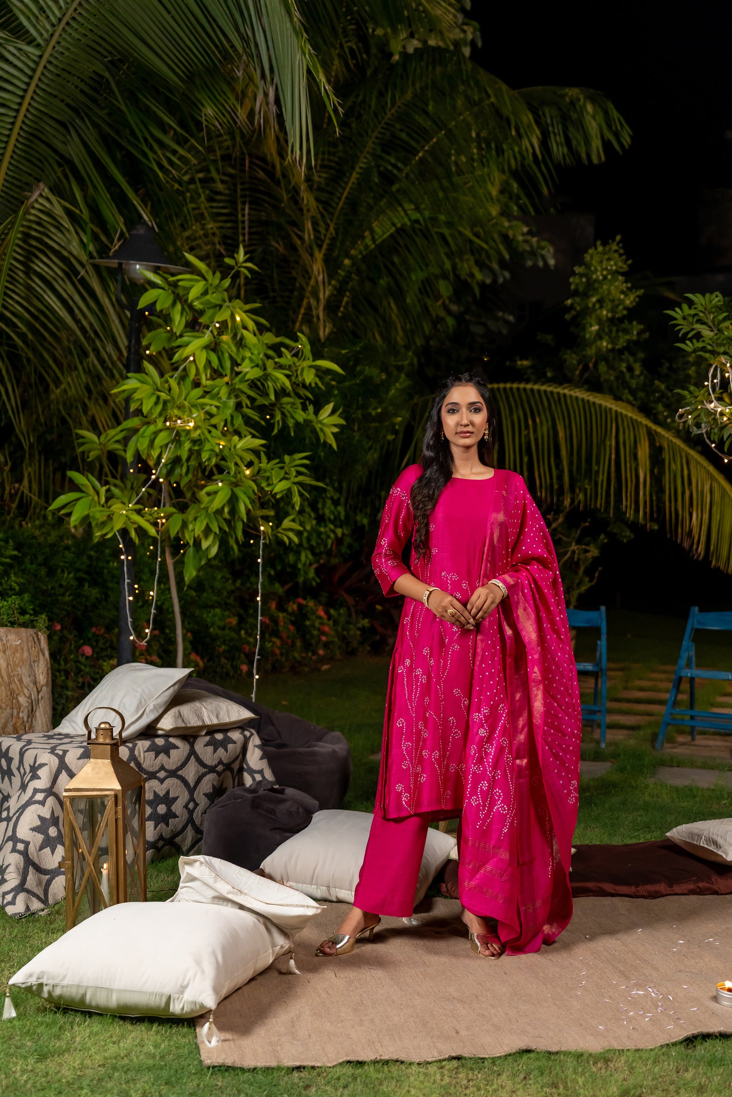 Ray Ethnic Ira | Bright Pink Muga Silk Bandhej Kurta Set of 3 with Hand Embroidery & Matching Dupatta