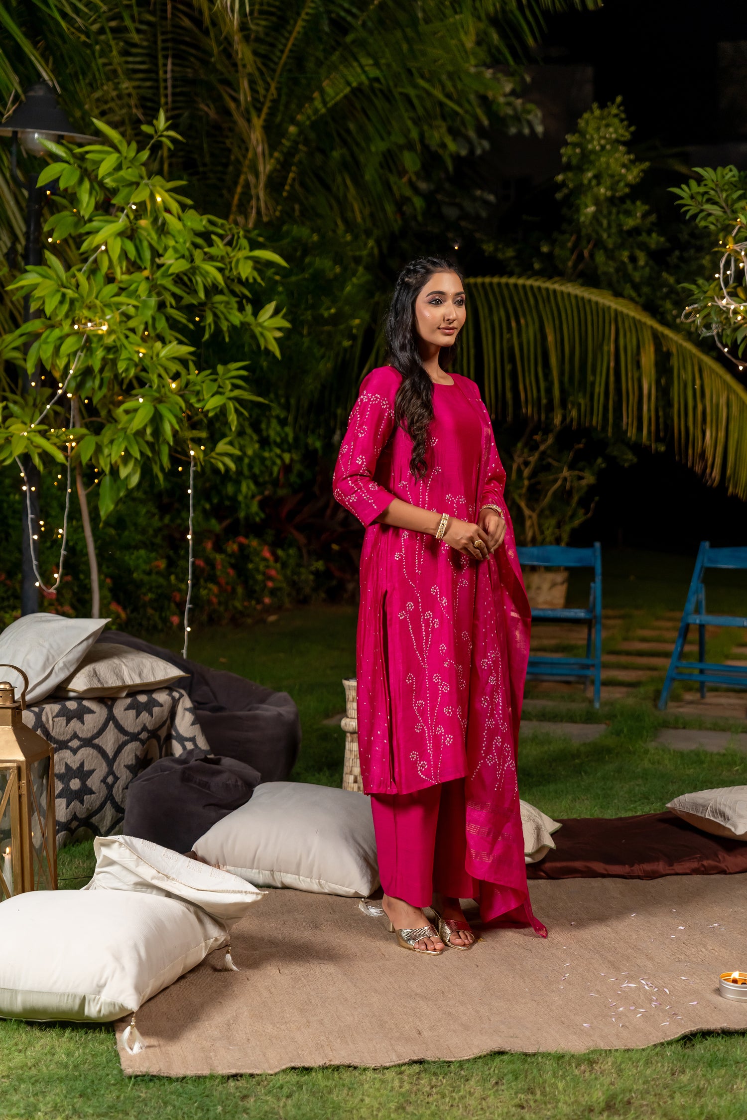 Ray Ethnic Ira | Bright Pink Muga Silk Bandhej Kurta Set of 3 with Hand Embroidery & Matching Dupatta